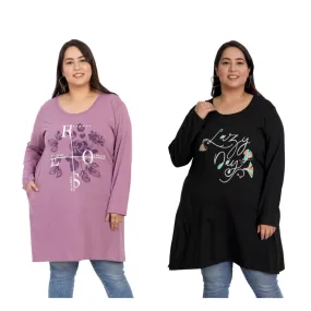 Plus Size Cotton Long Tops for Women Full Sleeves - Pack of 2 (Lavender & Black)