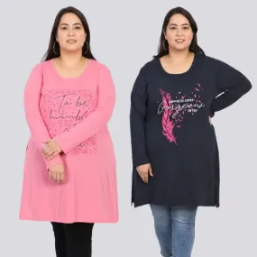 Plus Size Cotton Long Tops for Women Full Sleeves - Pack of 2 (Navy Blue & Pink)