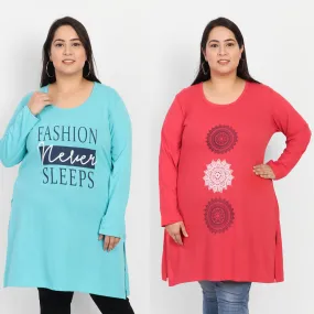 Plus Size Cotton Long Tops for Women Full Sleeves - Pack of 2 (Red & Turquoise)