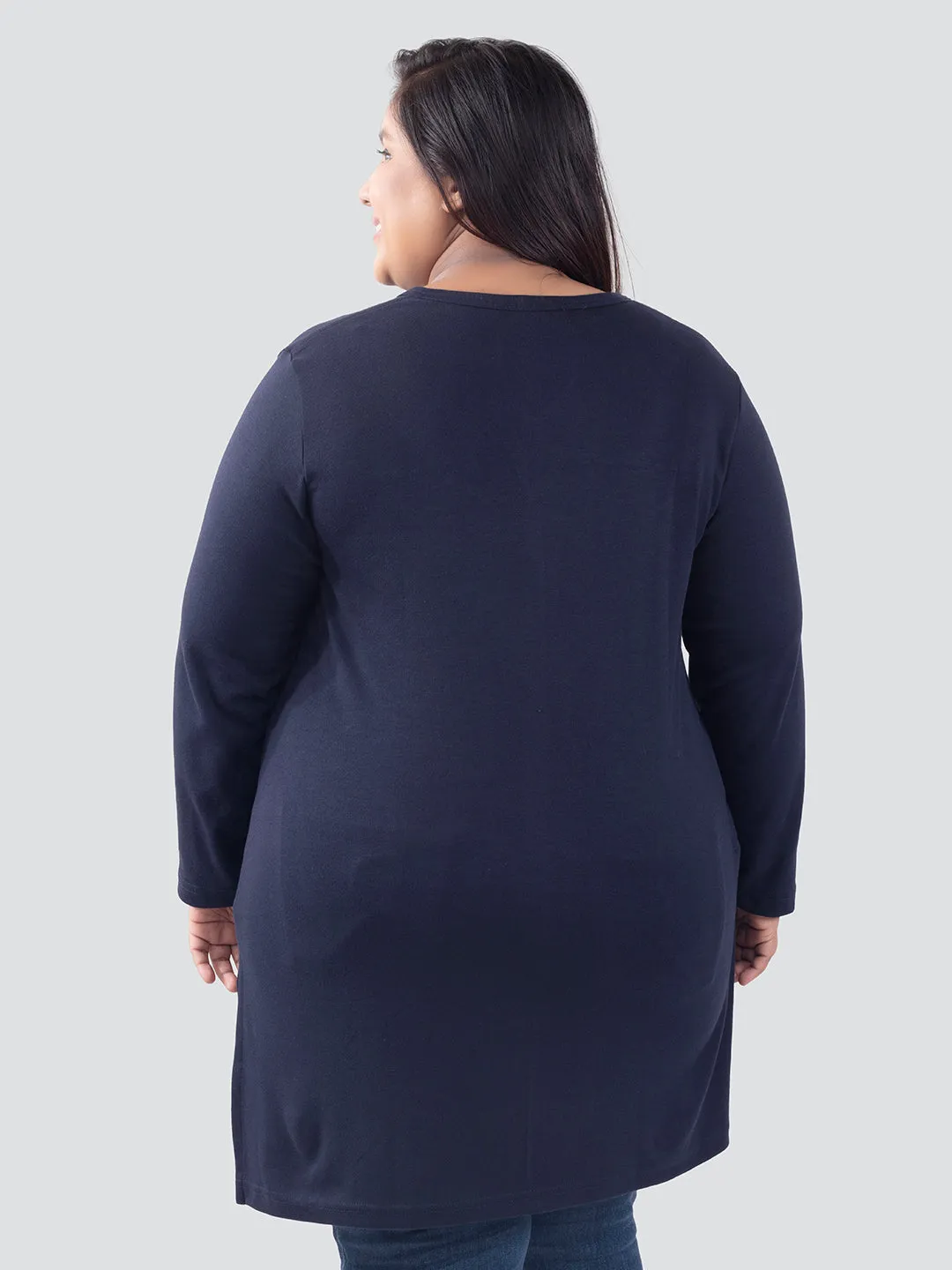 Plus Size Full Sleeves Long Top For Women - Navy Blue