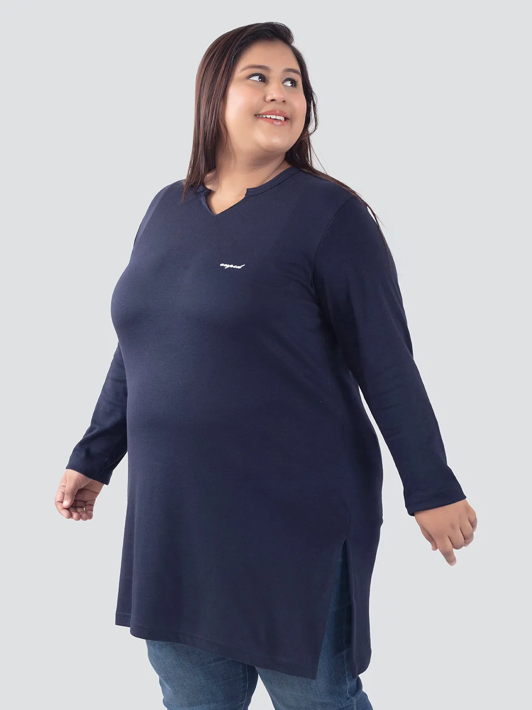 Plus Size Full Sleeves Long Top For Women - Navy Blue