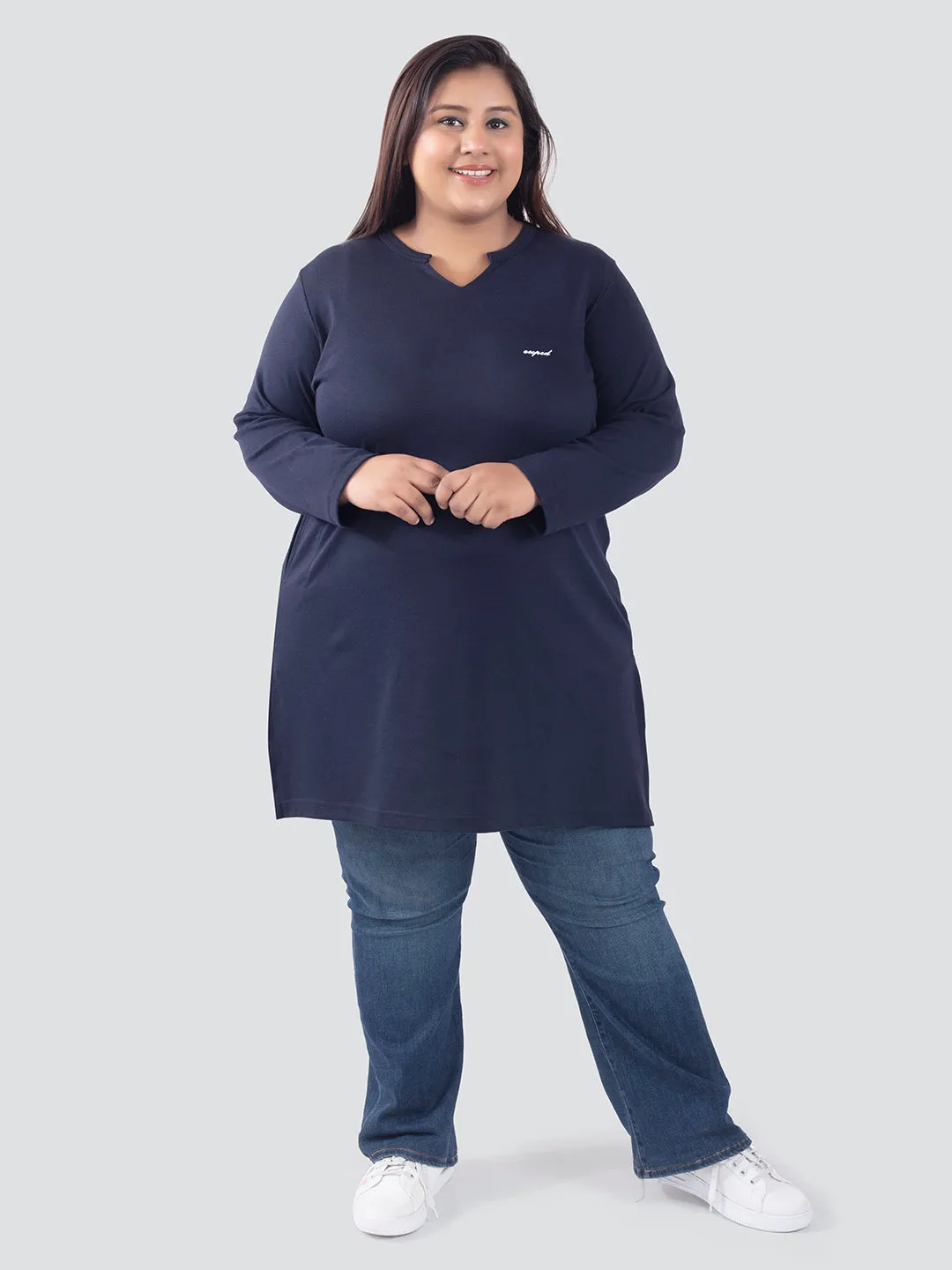 Plus Size Full Sleeves Long Top For Women - Navy Blue