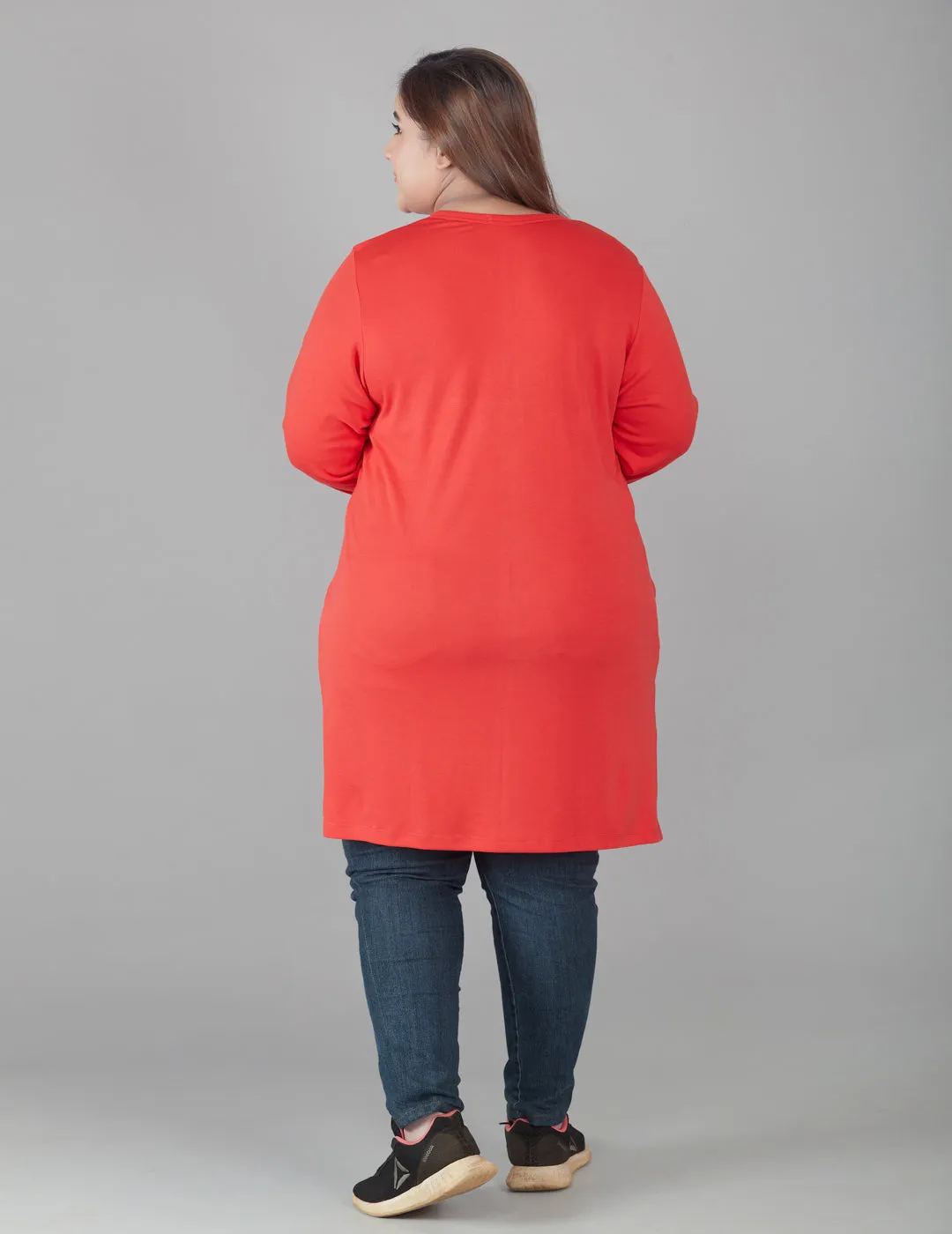 Plus Size Full Sleeves Long Top For Women - Red