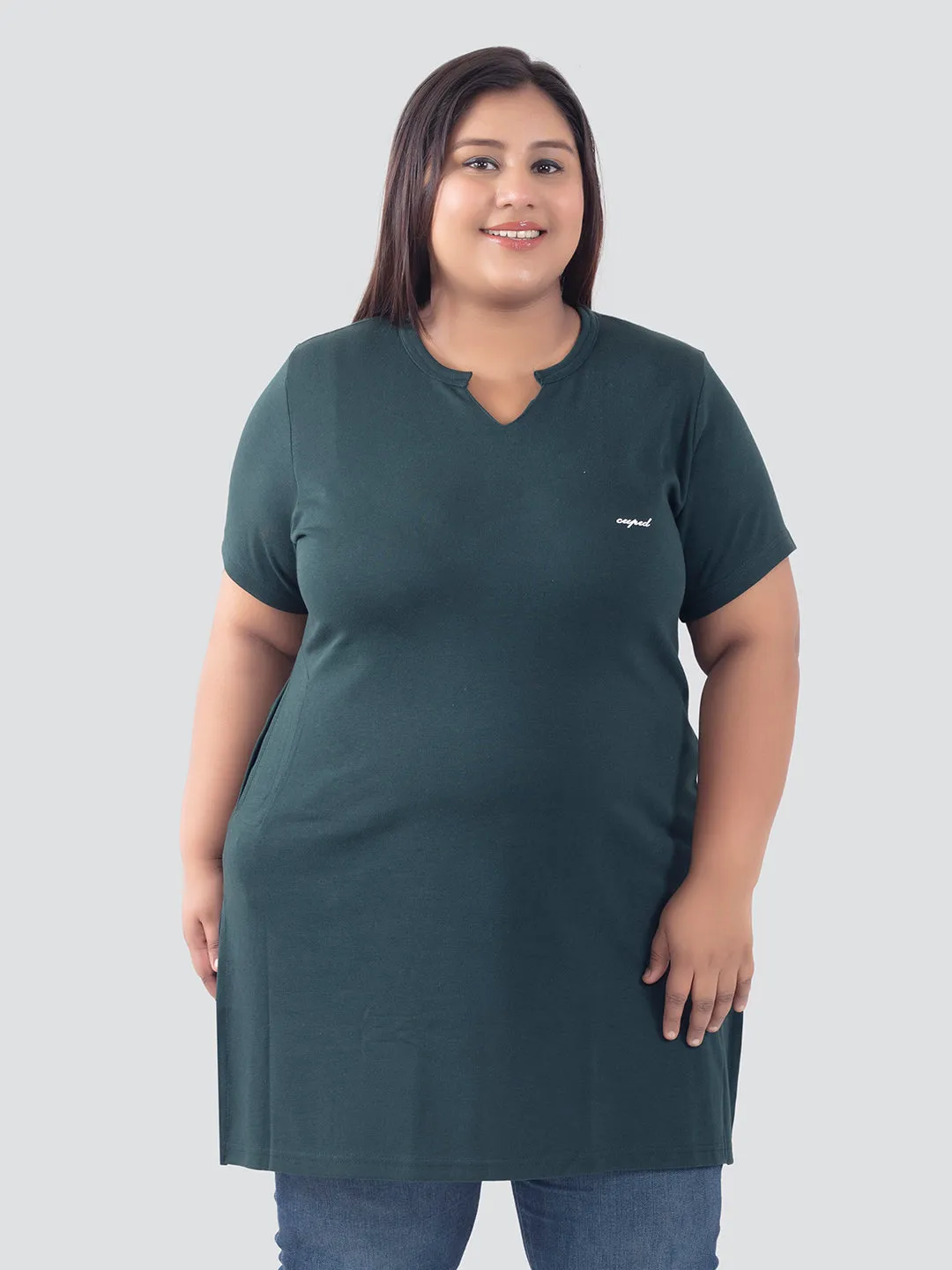 Plus Size Half Sleeves Long Top For Women - Bottle Green