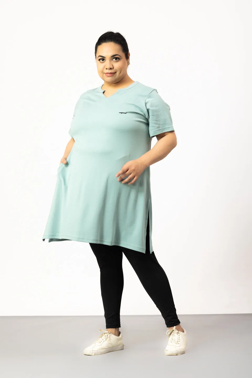 Plus Size Half Sleeves Long Top For Women - Sage