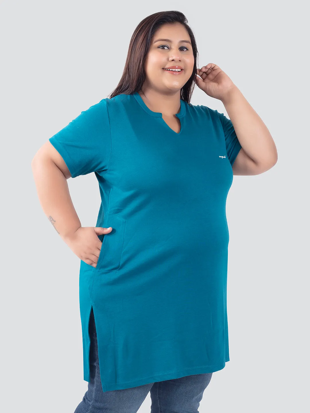 Plus Size Half Sleeves Long Top For Women -Teal Blue