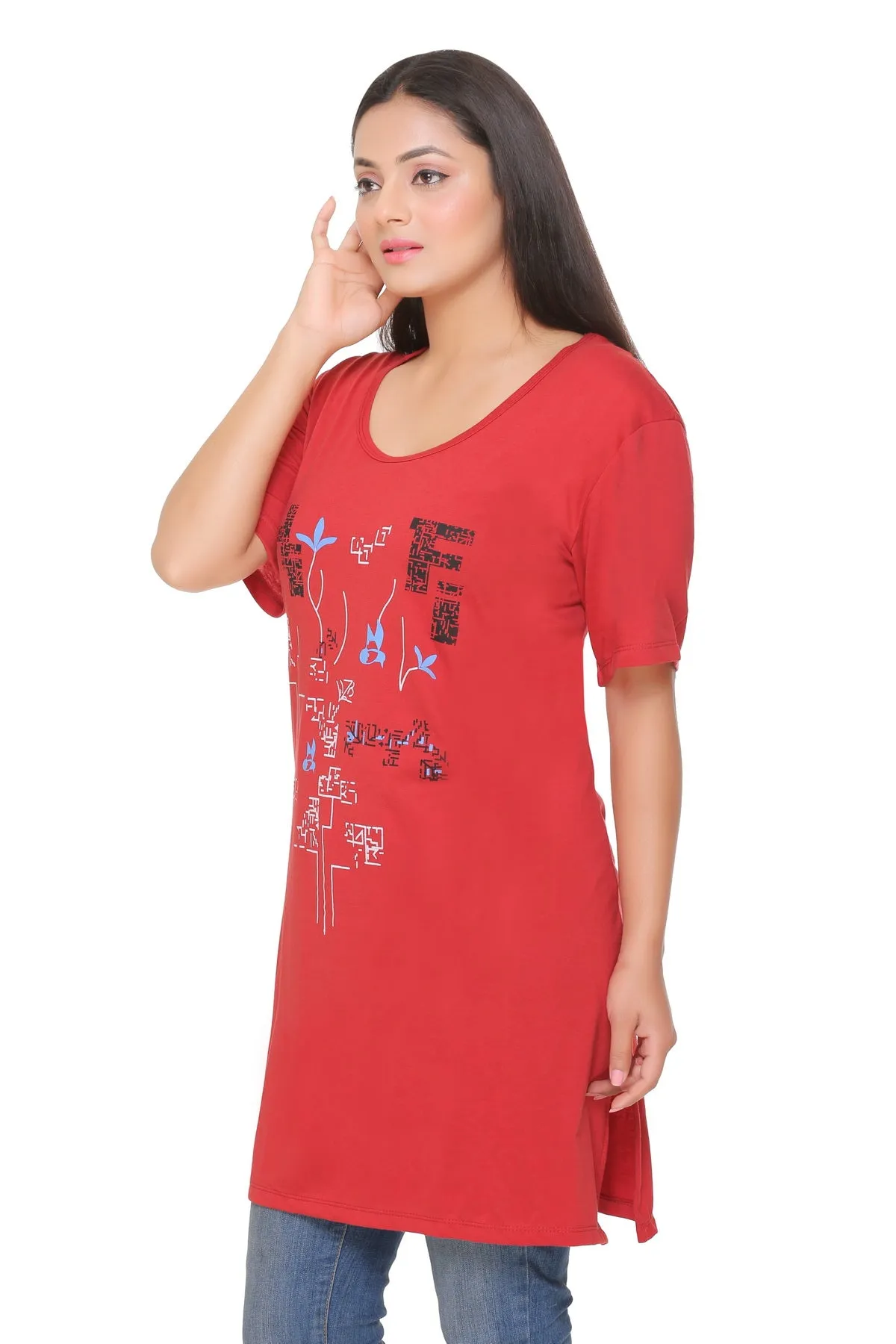 Plus Size Long T-shirt For Women - Half Sleeve - Maroon