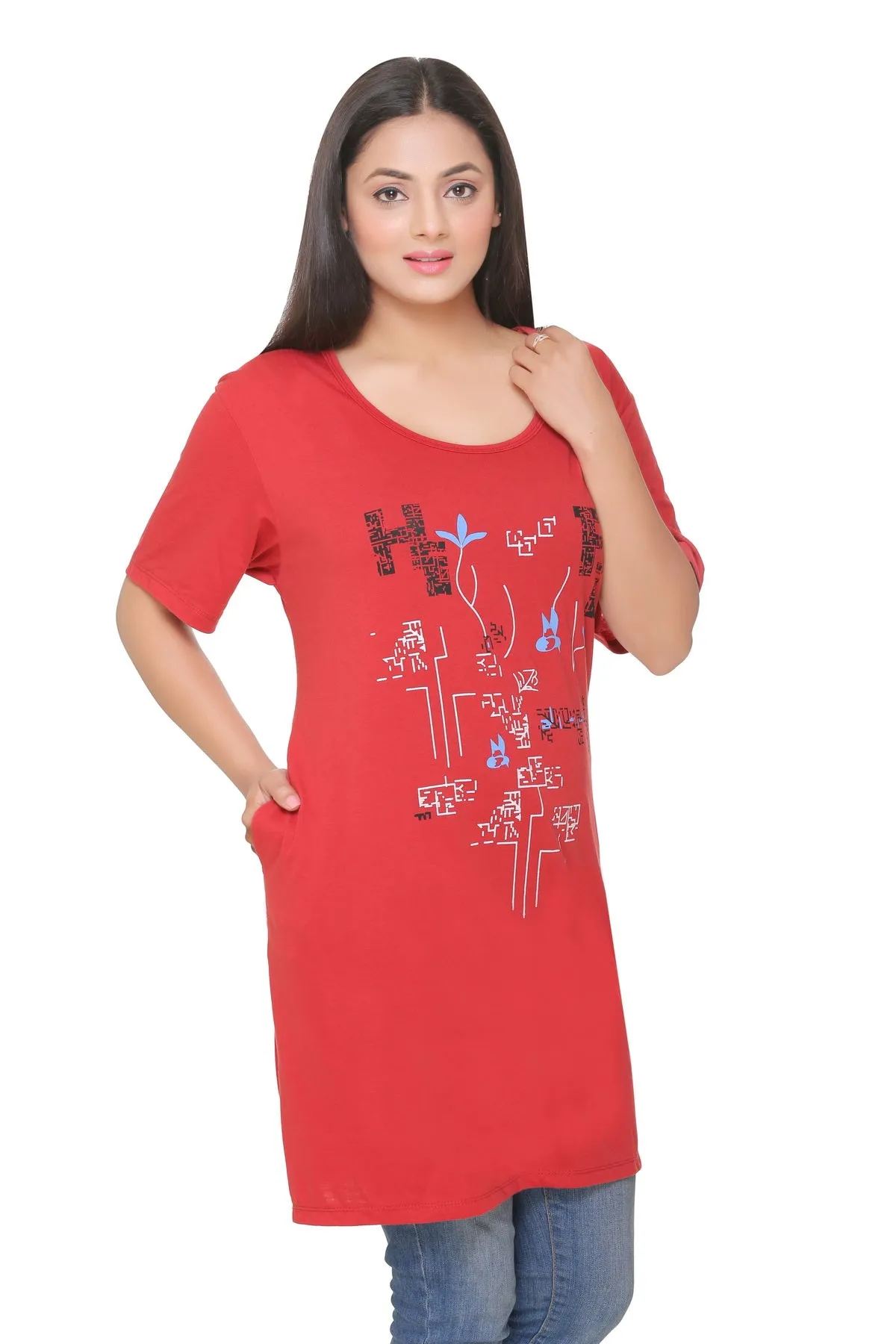 Plus Size Long T-shirt For Women - Half Sleeve - Maroon