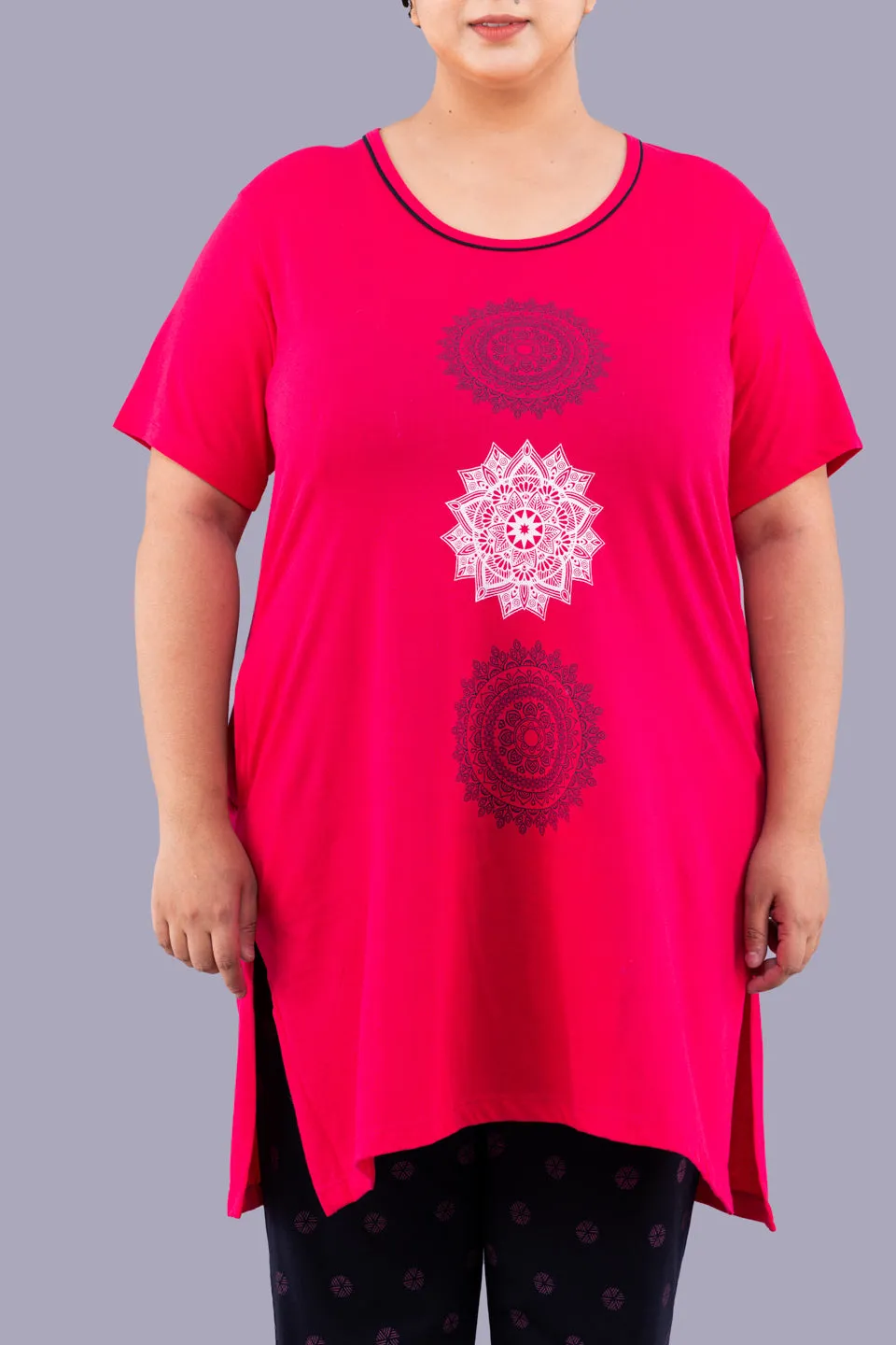 Plus Size Long T-shirt For Women - Half Sleeve - Pink