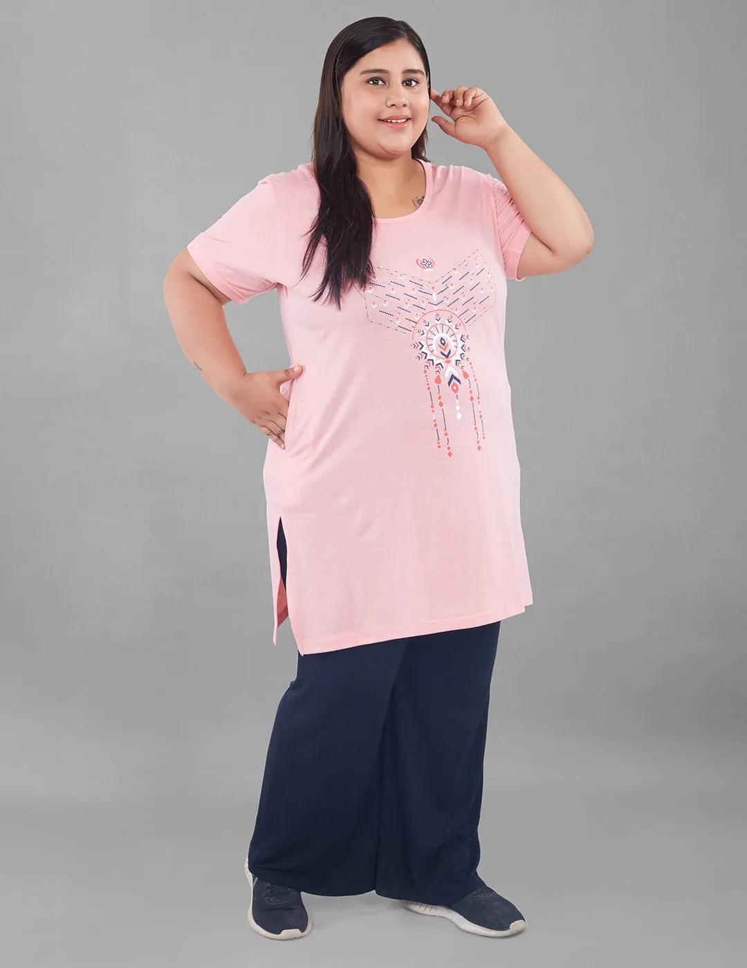 Plus Size Long T-shirt For Women - Half Sleeve -  Pink