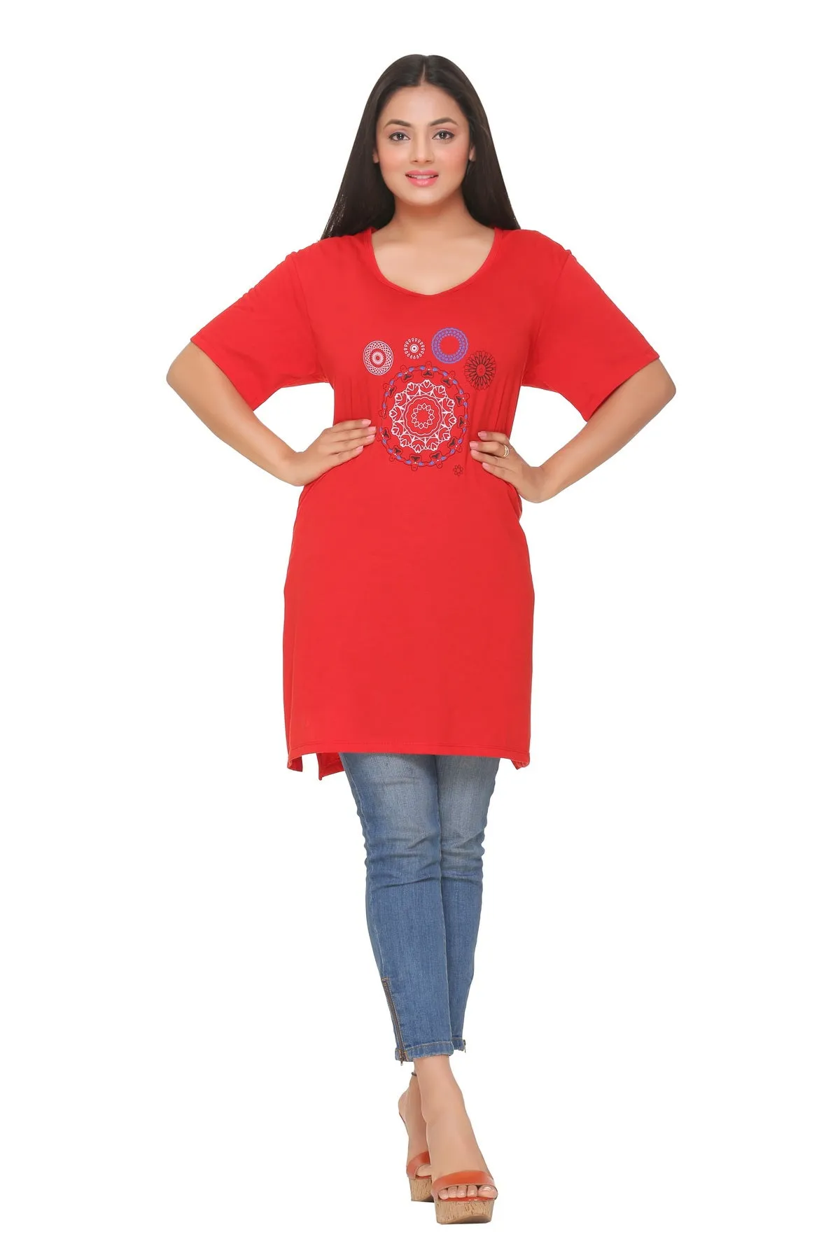 Plus Size Long T-shirt For Women - Half Sleeve - Red