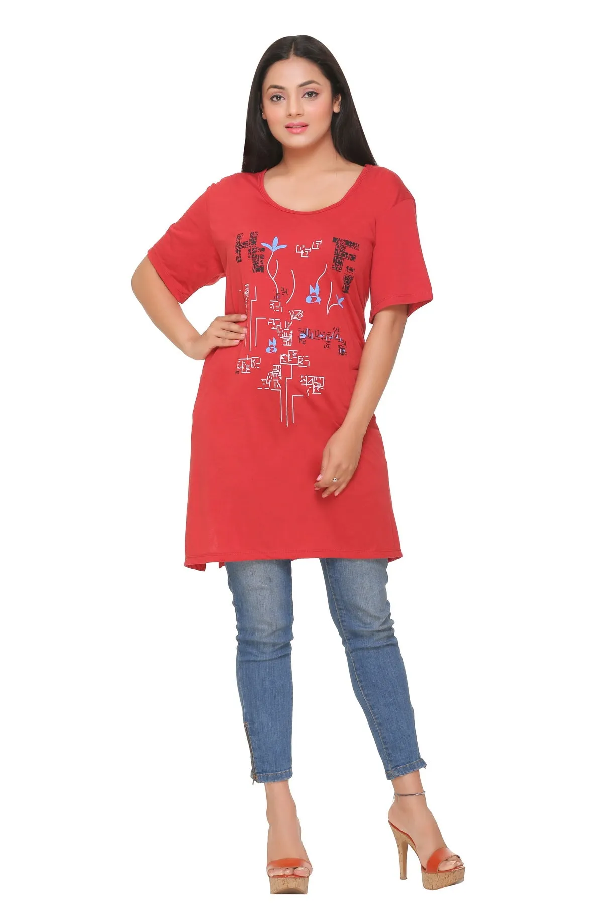 Plus Size Long T-shirt For Women - Half Sleeve - Rust Red