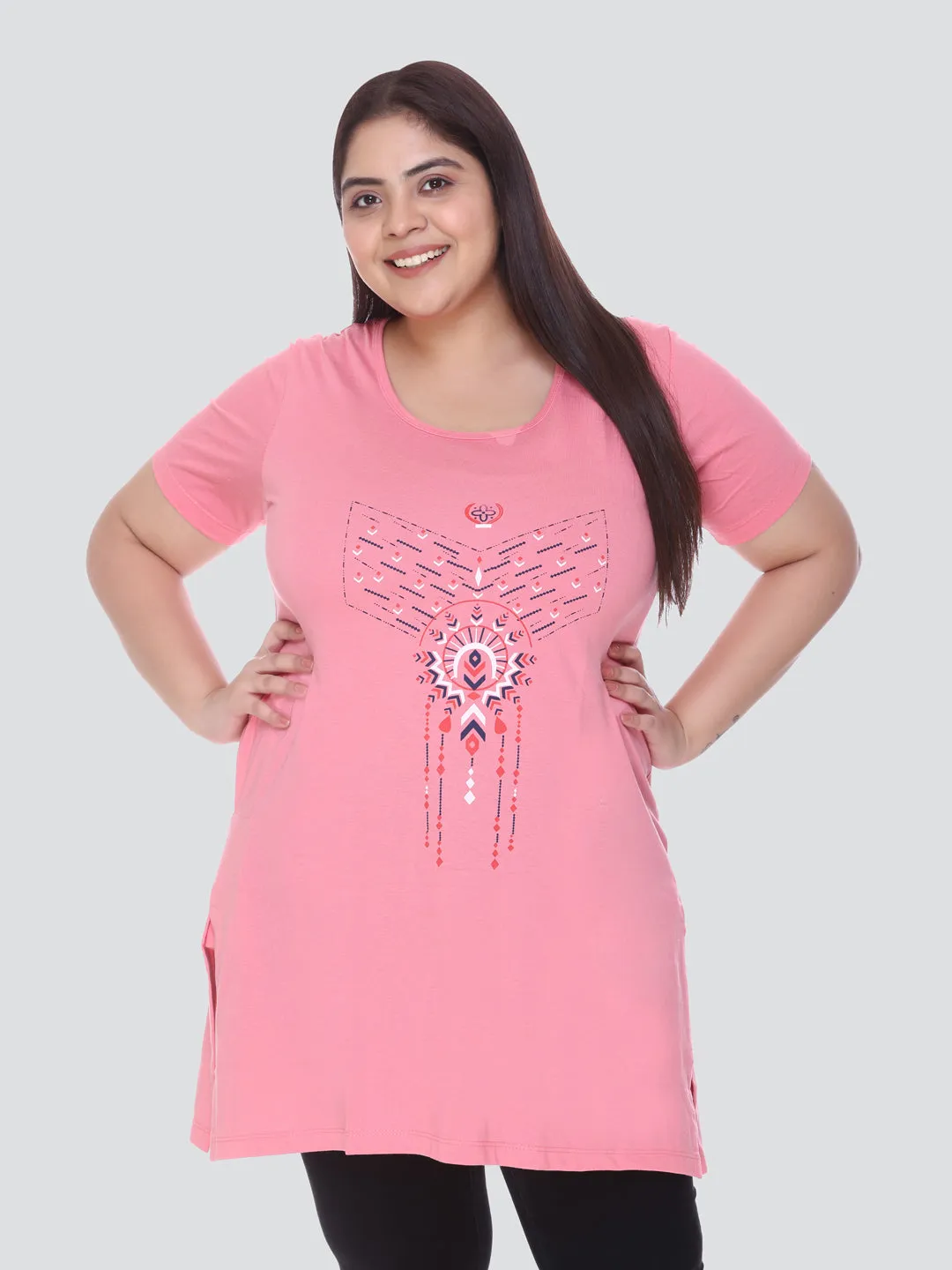 Plus Size Long T-shirt For Women - Half Sleeves - Blush Pink