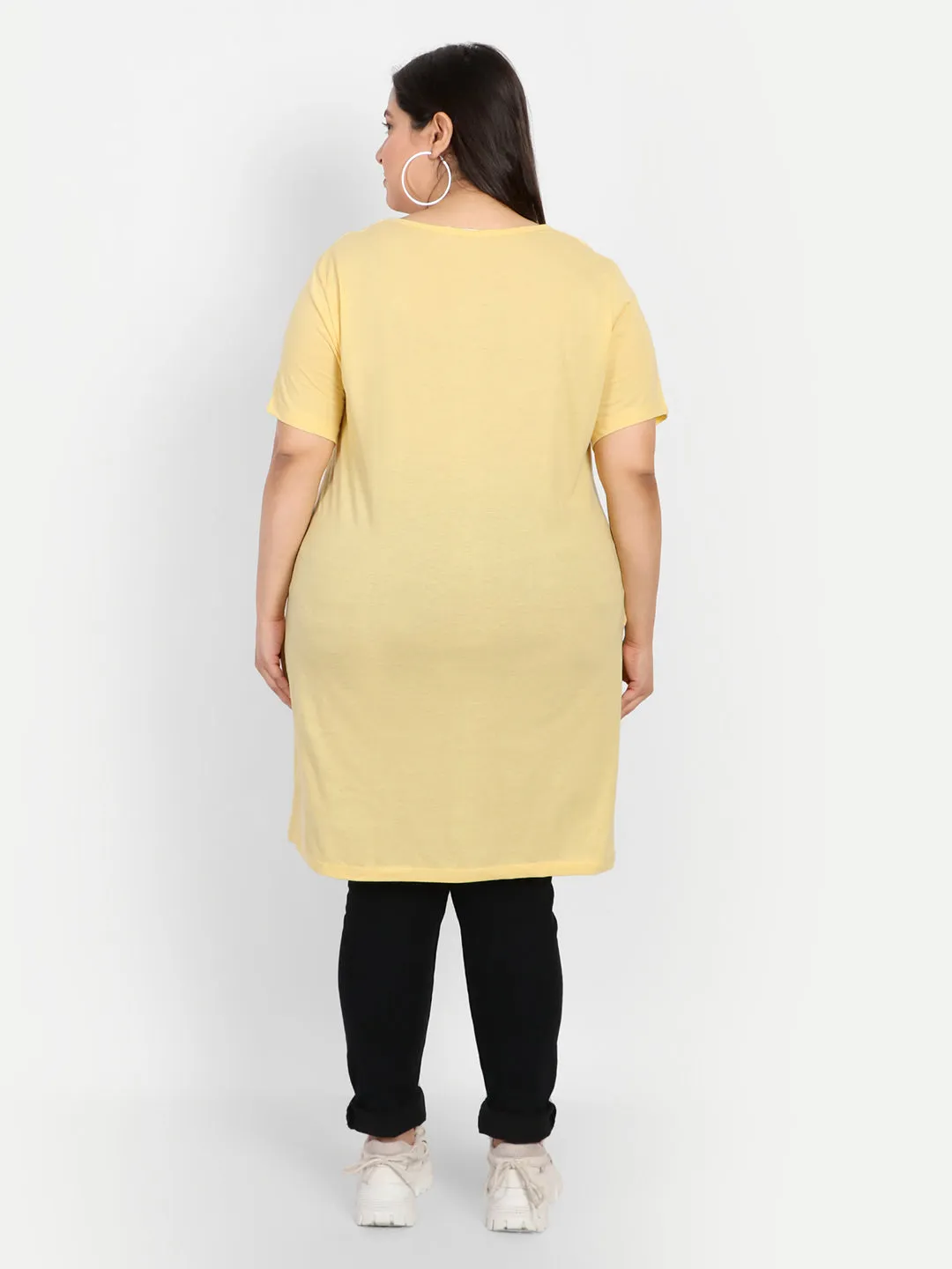 Plus Size Long T-shirt For Women - Half Sleeves - Lemon Yellow