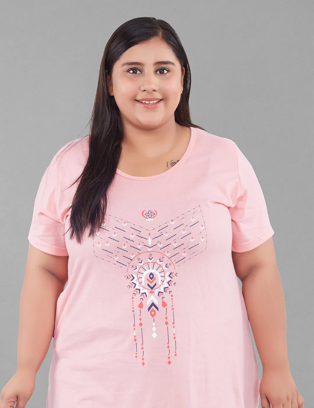 Plus Size Long T-shirt For Women - Half Sleeves - Peach