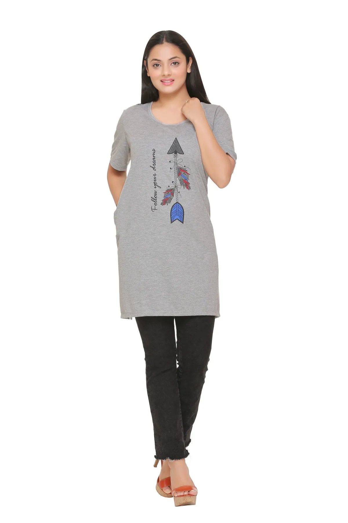 Plus Size Long T-shirts For Women - Half Sleeve - Pack of 2 (Black & Grey)