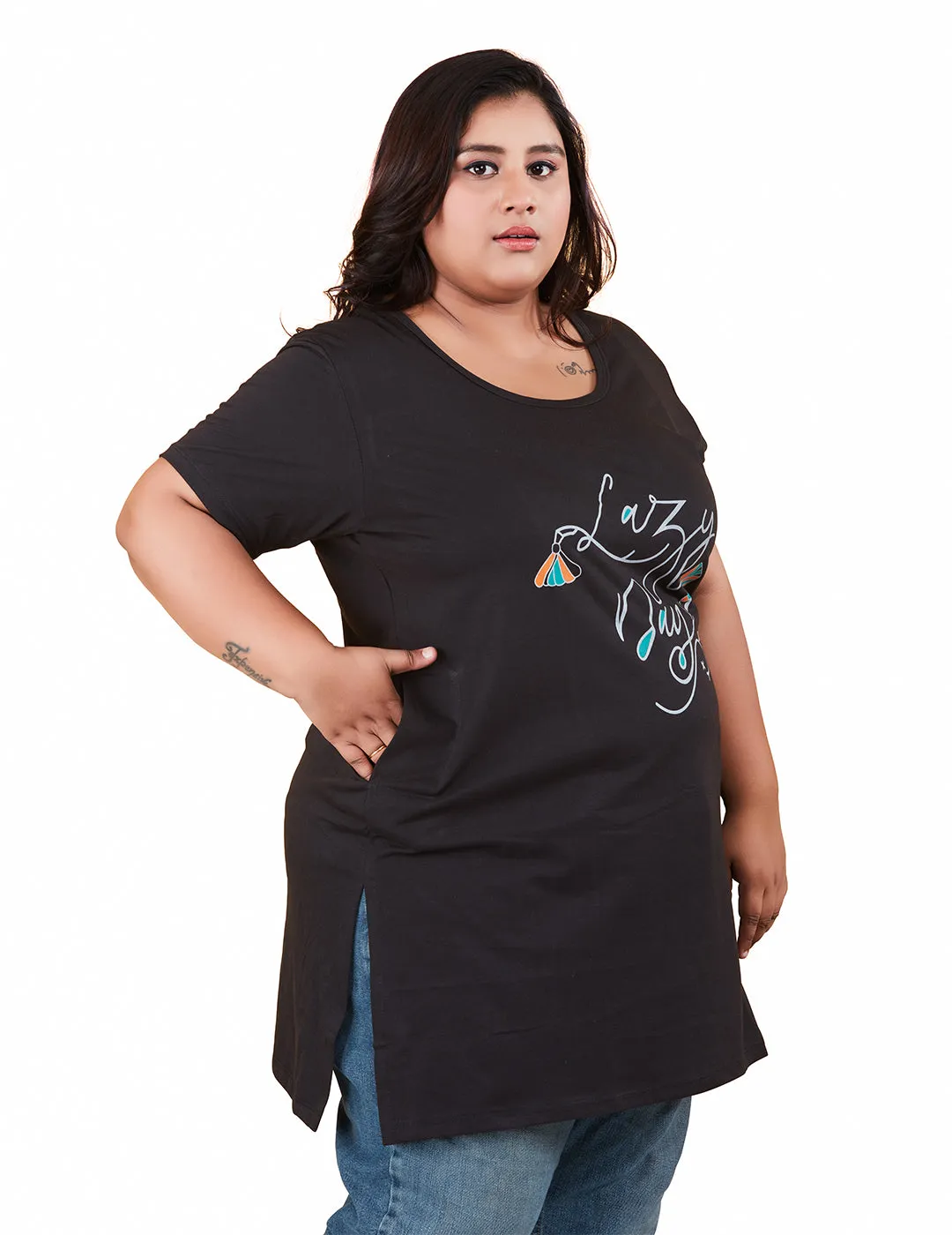 Plus Size Long T-shirts For Women - Half Sleeve - Pack of 2 (Black & Turquoise)