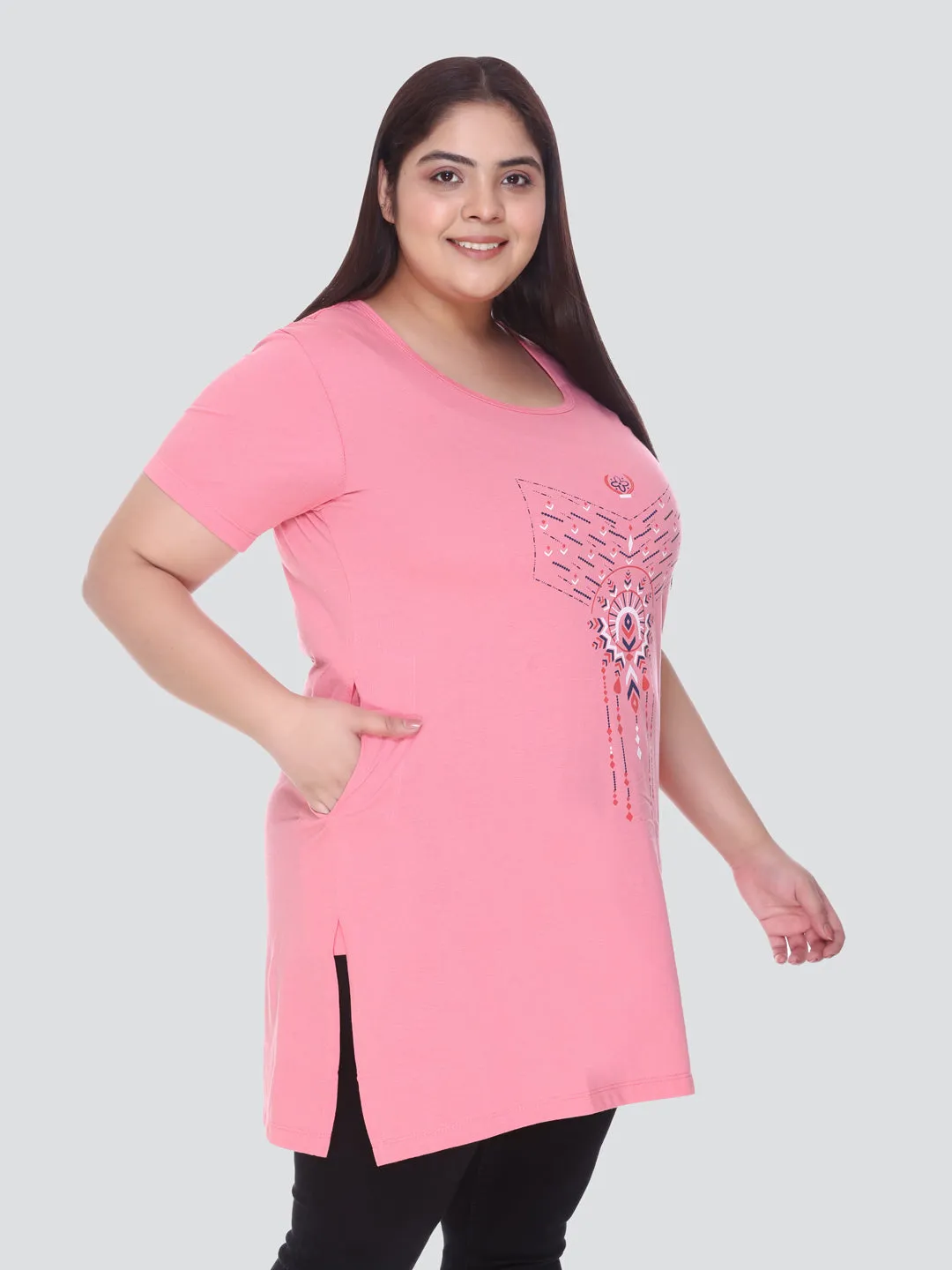 Plus Size Long T-shirts For Women - Half Sleeve - Pack of 2 (Green & Blush Pink)