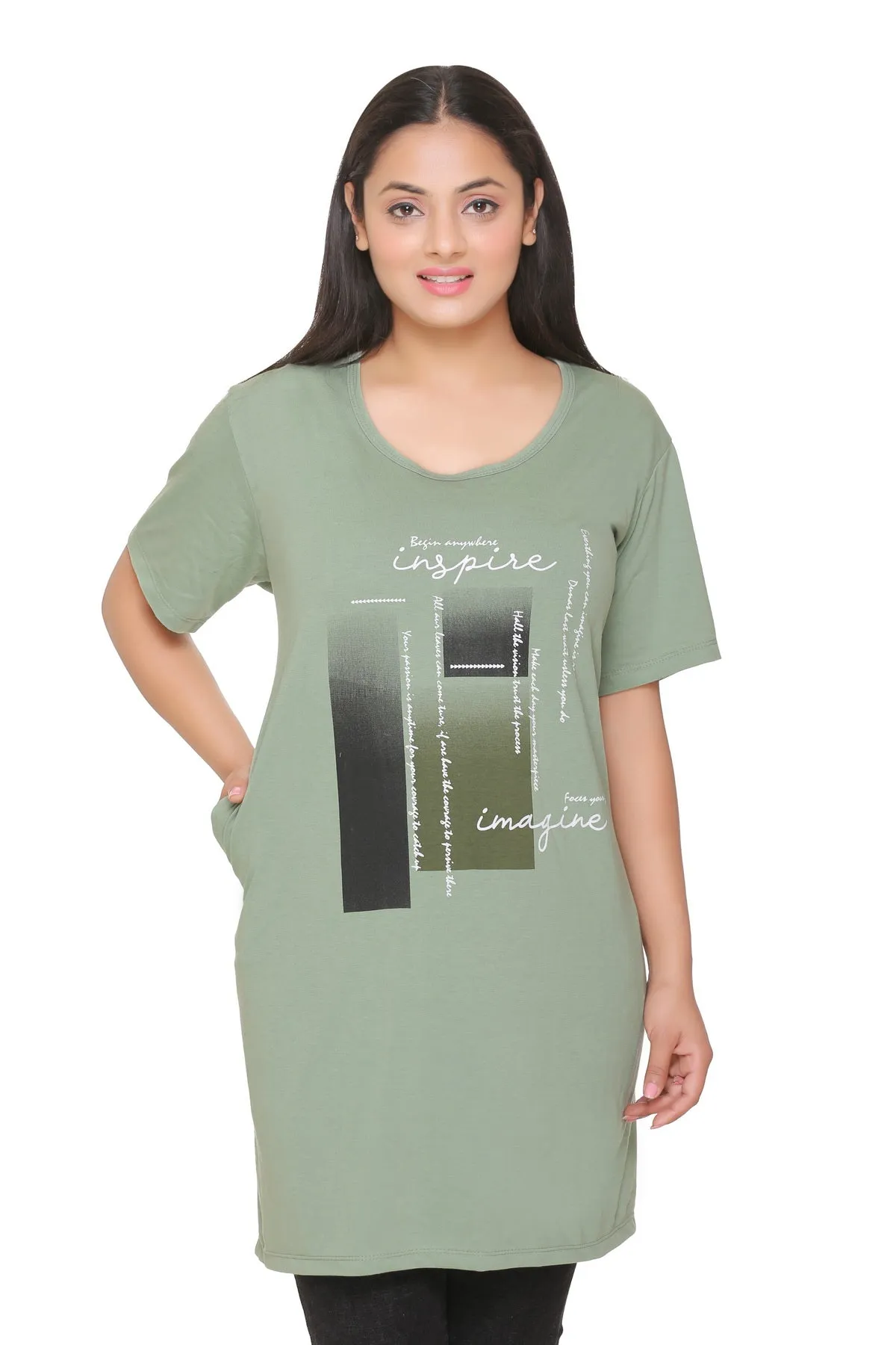 Plus Size Long T-shirts For Women - Half Sleeve - Pack of 2 (Green & Pink)