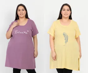 Plus Size Long T-shirts For Women - Half Sleeve - Pack of 2 (Lemon &Lavender)