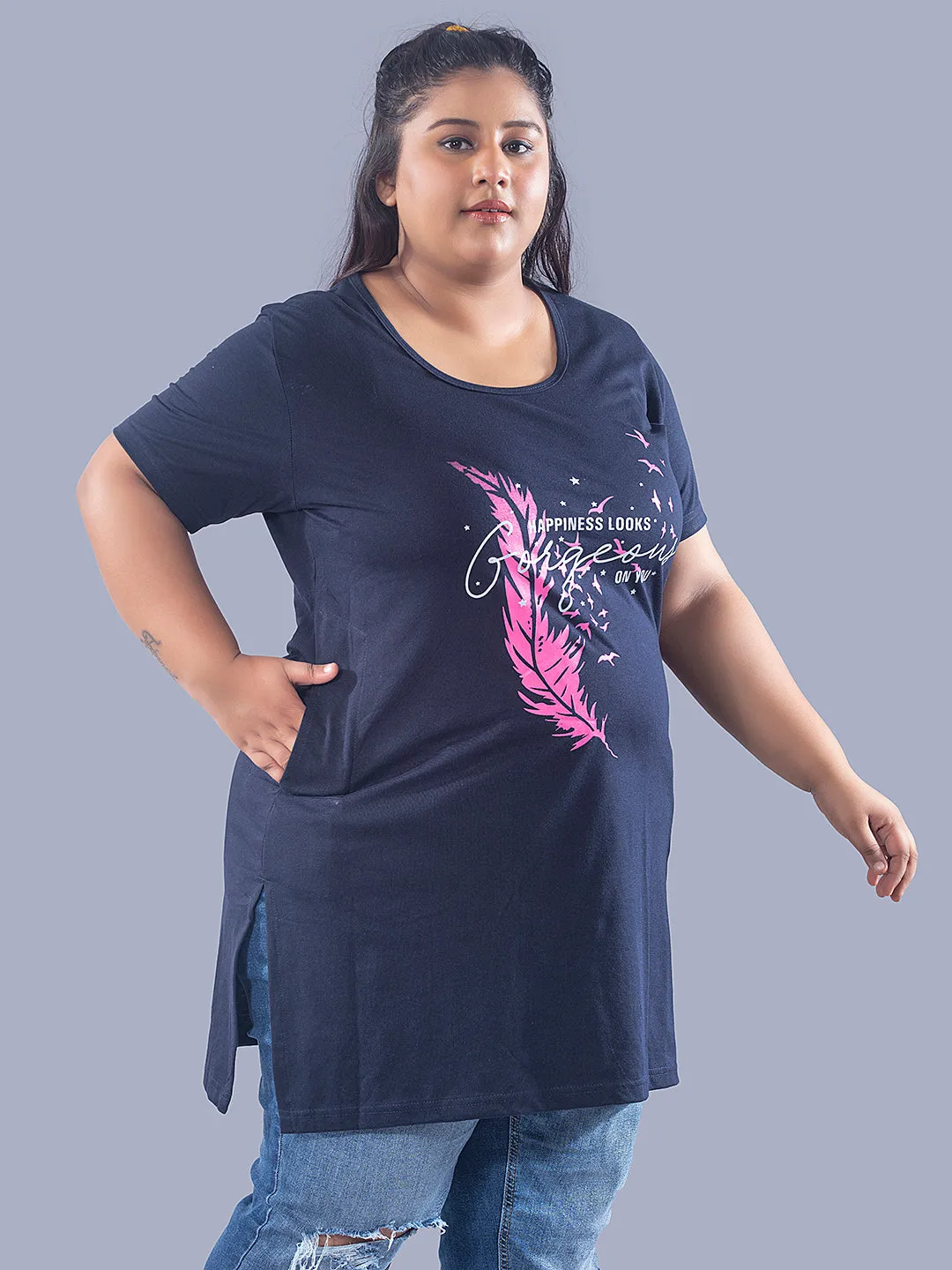 Plus Size Long T-shirts For Women - Half Sleeve - Pack of 2 (Navy & Turquoise)