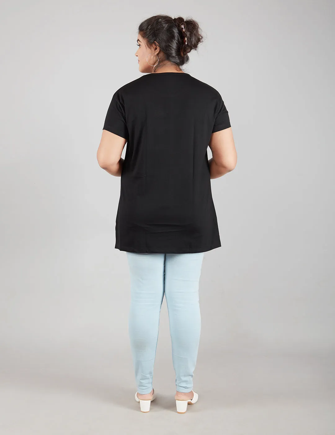 Plus Size Plain Cotton T-Shirt For Women - Black