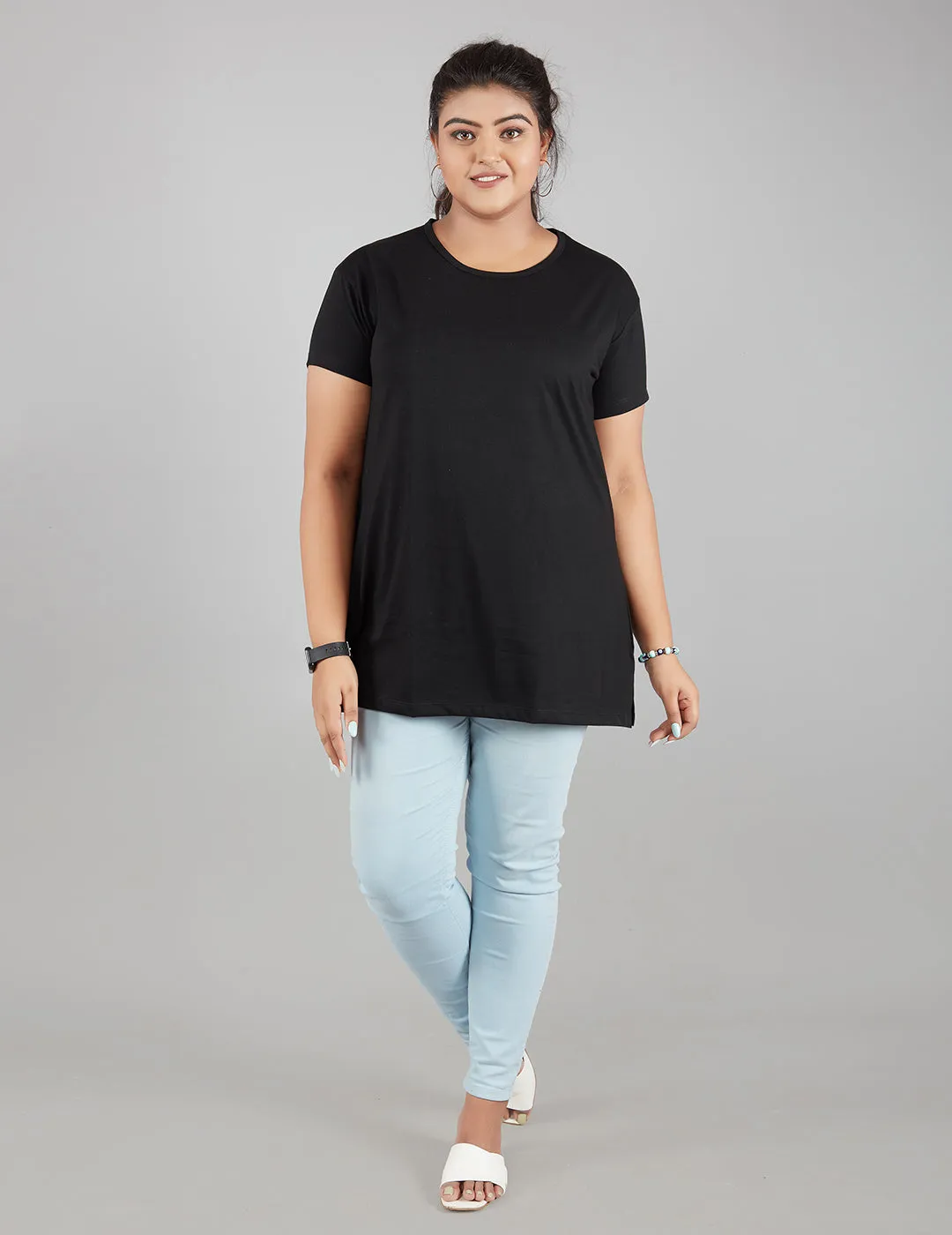 Plus Size Plain Cotton T-Shirt For Women - Black