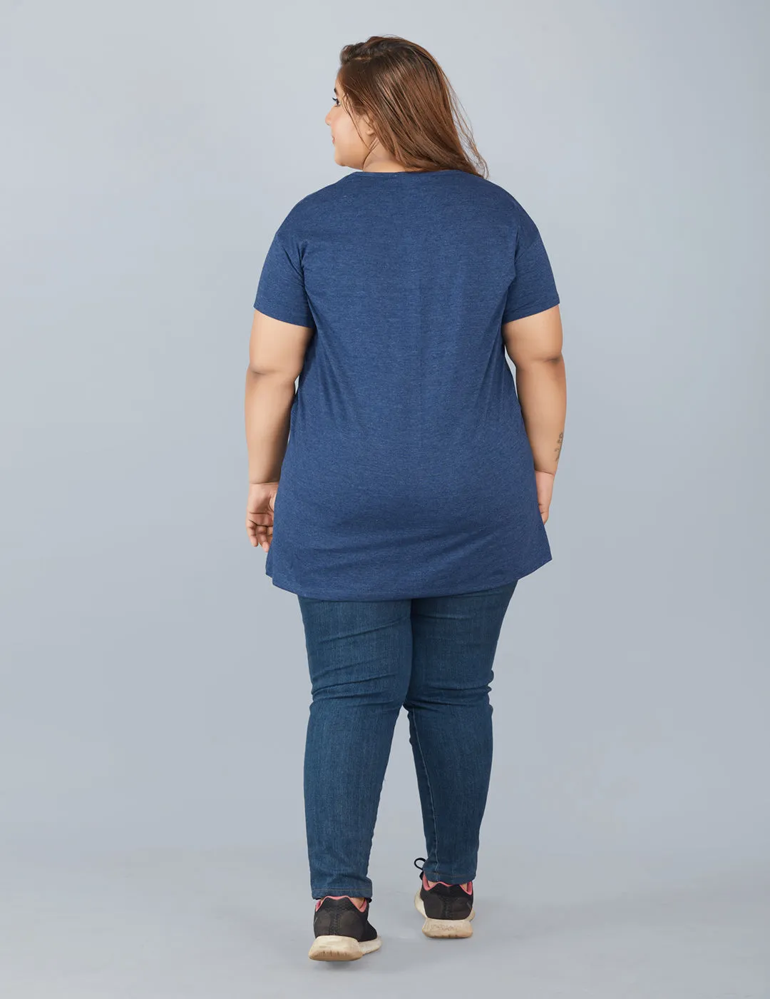 Plus Size Plain Cotton T-Shirt For Women - Mix Navy