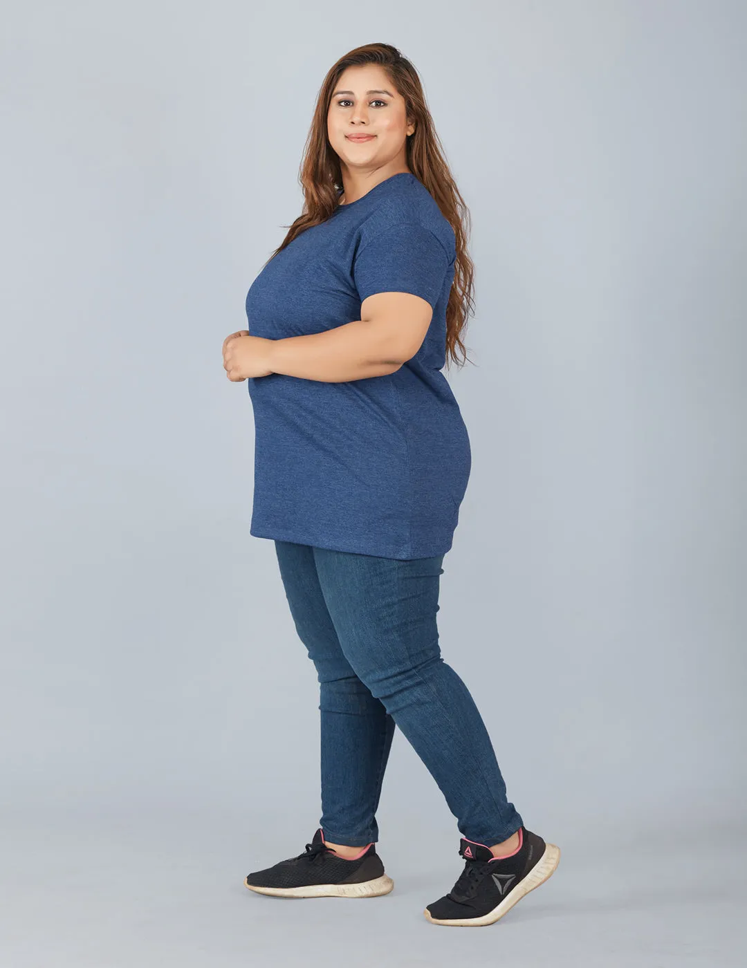 Plus Size Plain Cotton T-Shirt For Women - Mix Navy