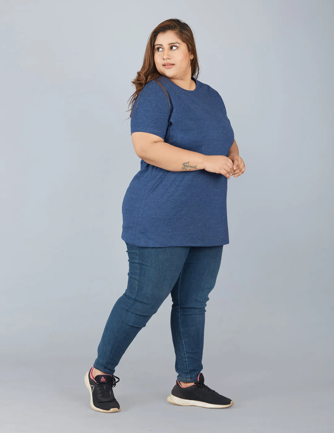 Plus Size Plain Cotton T-Shirt For Women - Mix Navy