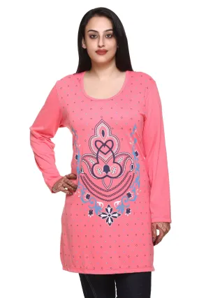 Plus Size Printed Long Tops For Women Full Sleeves T-shirts - Blush Pink