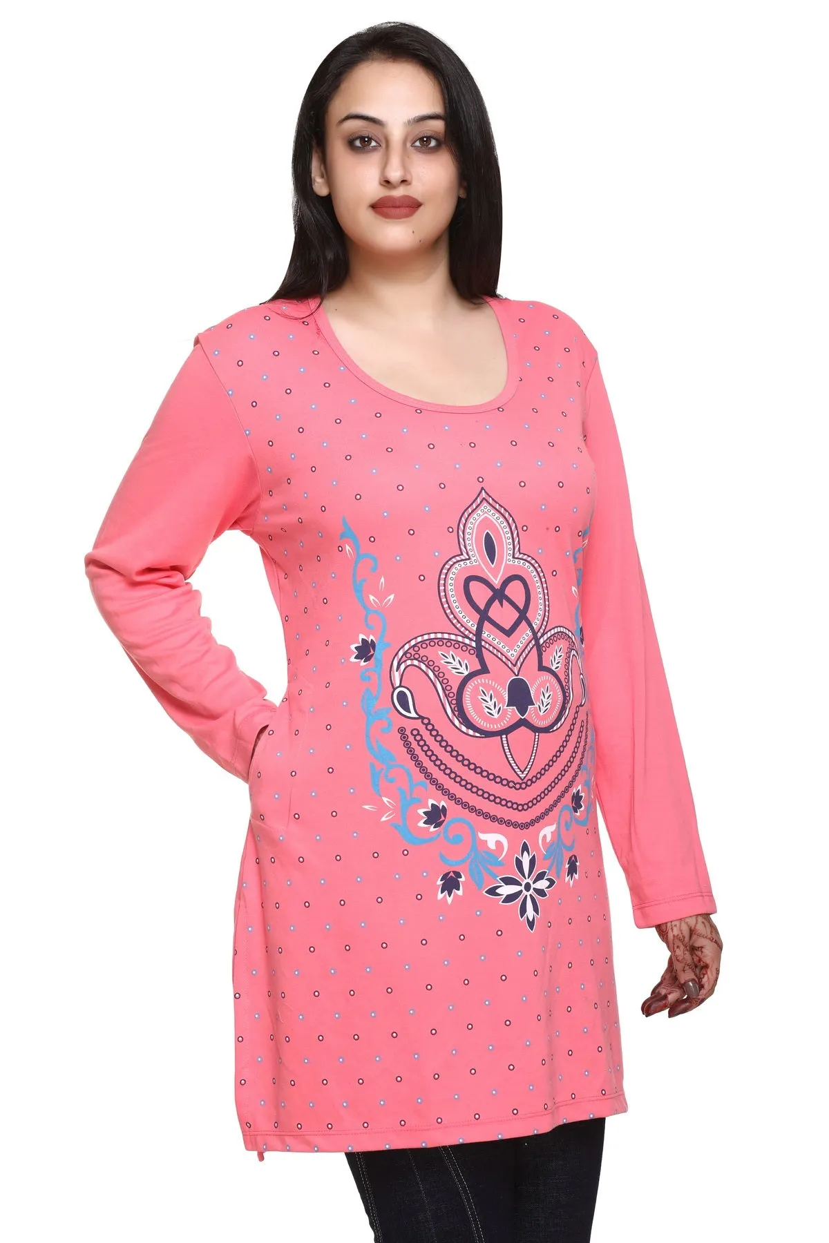 Plus Size Printed Long Tops For Women Full Sleeves T-shirts - Blush Pink