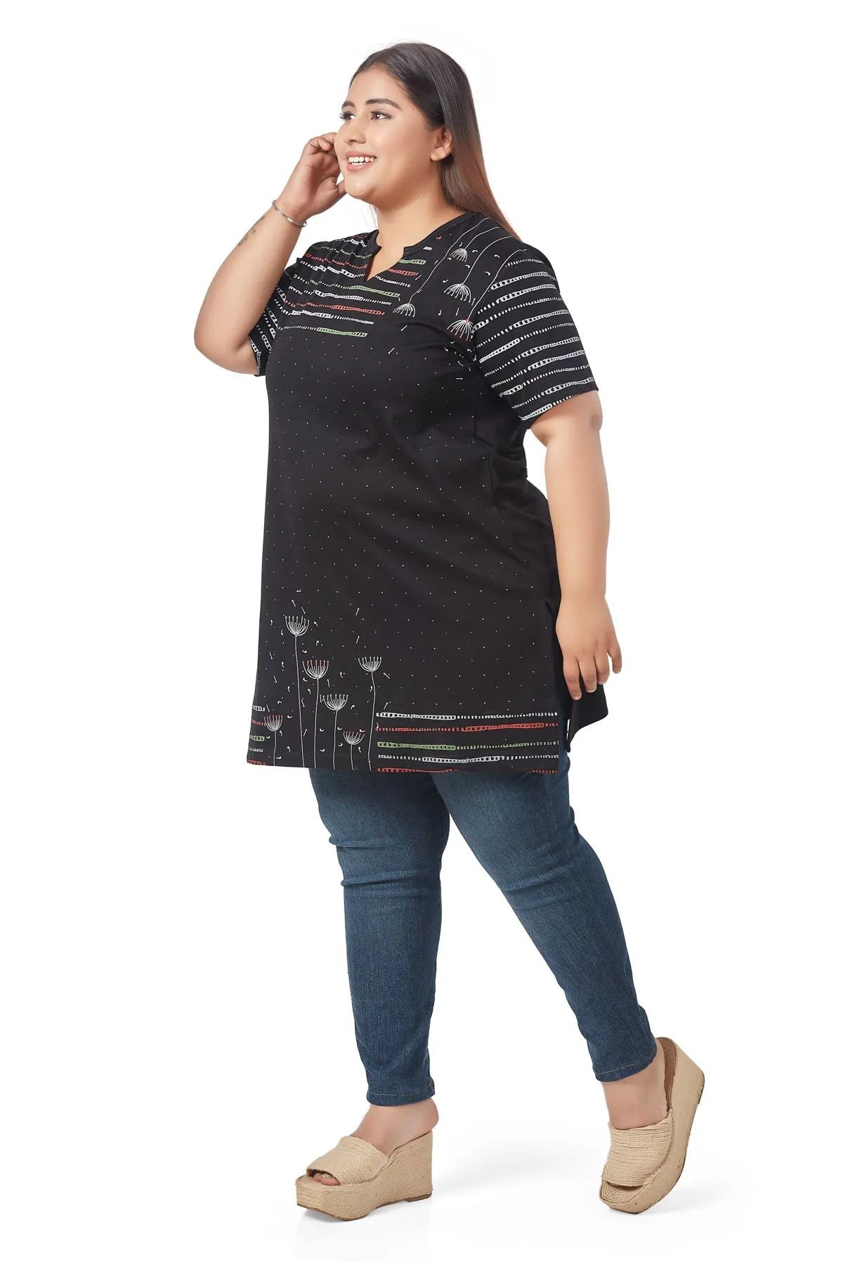 Plus Size Printed Long Tops For Women Half Sleeves - Pack of 2 (Black & Sage)