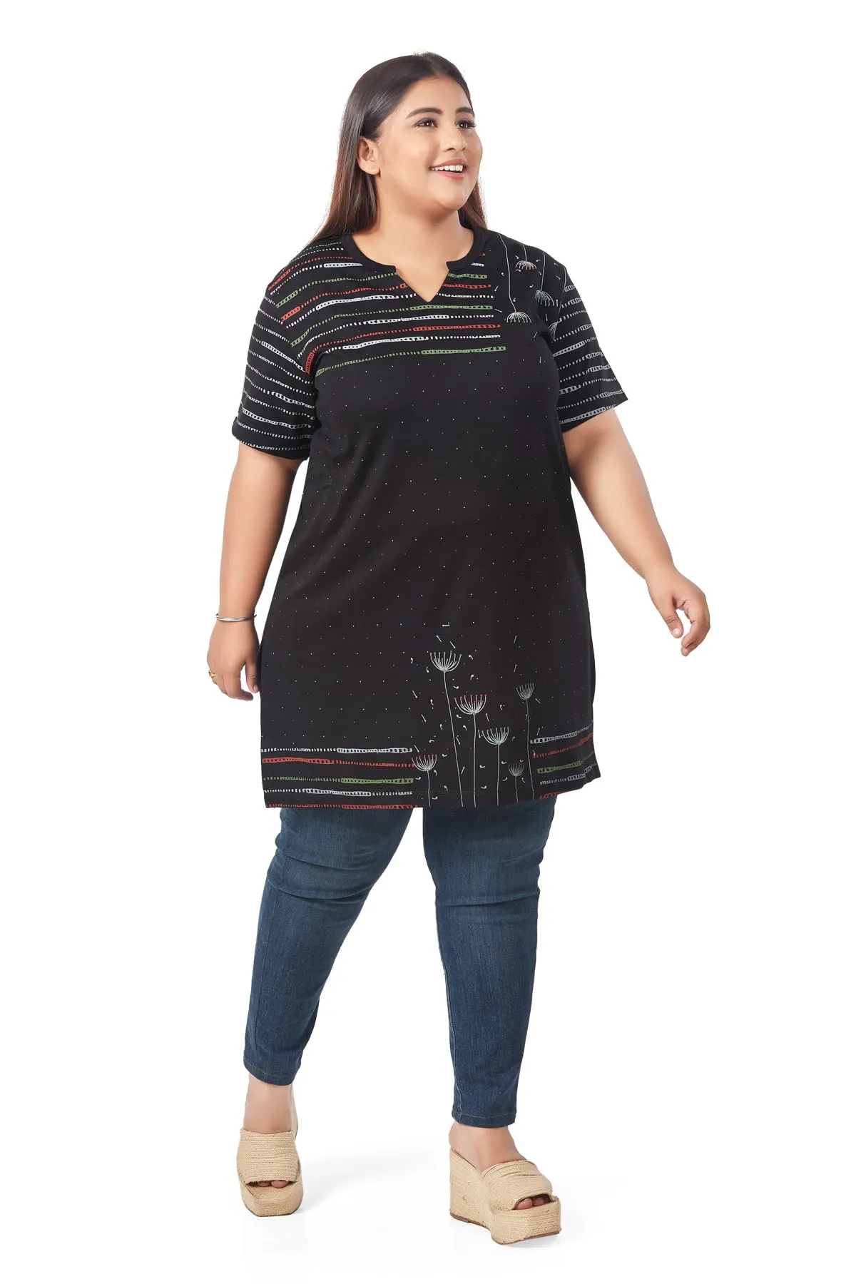 Plus Size Printed Long Tops For Women Half Sleeves - Pack of 2 (Black & Sage)