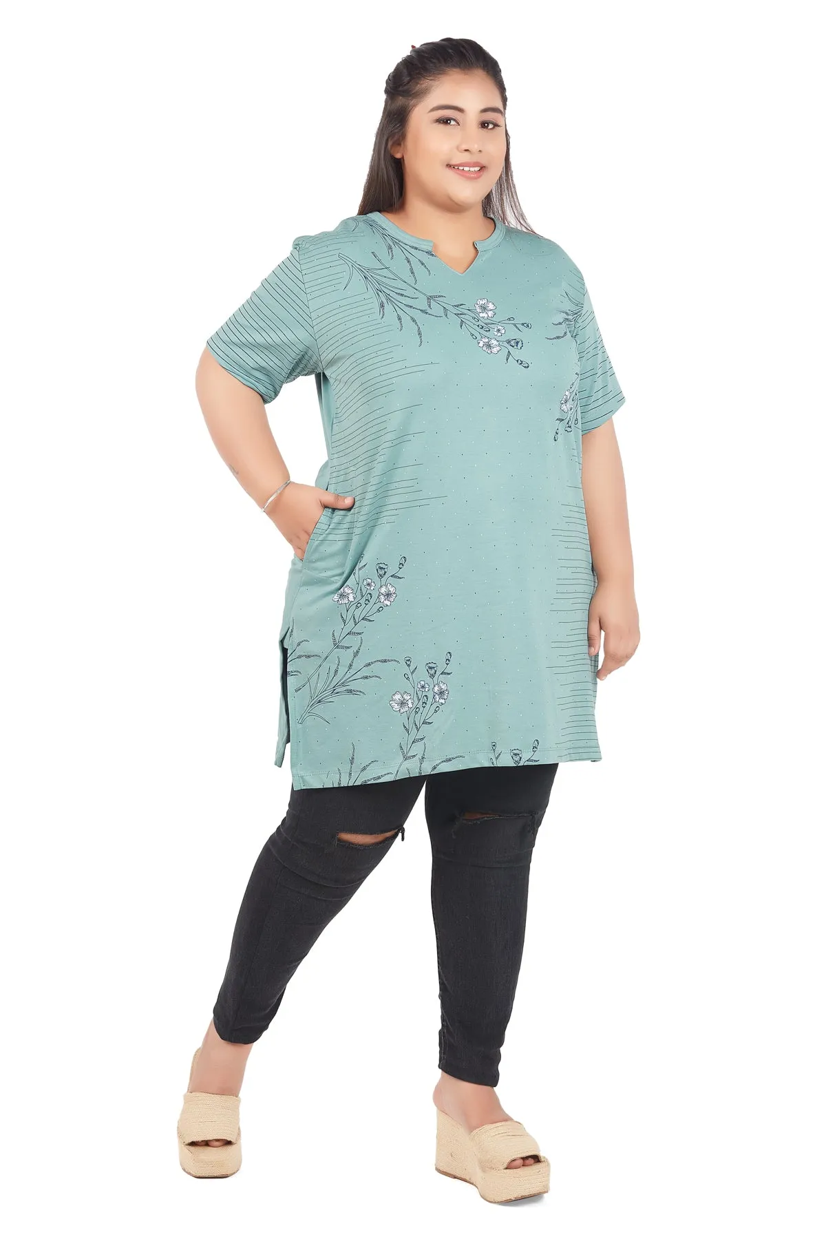 Plus Size Printed Long Tops For Women Half Sleeves - Pack of 2 (Black & Sage)