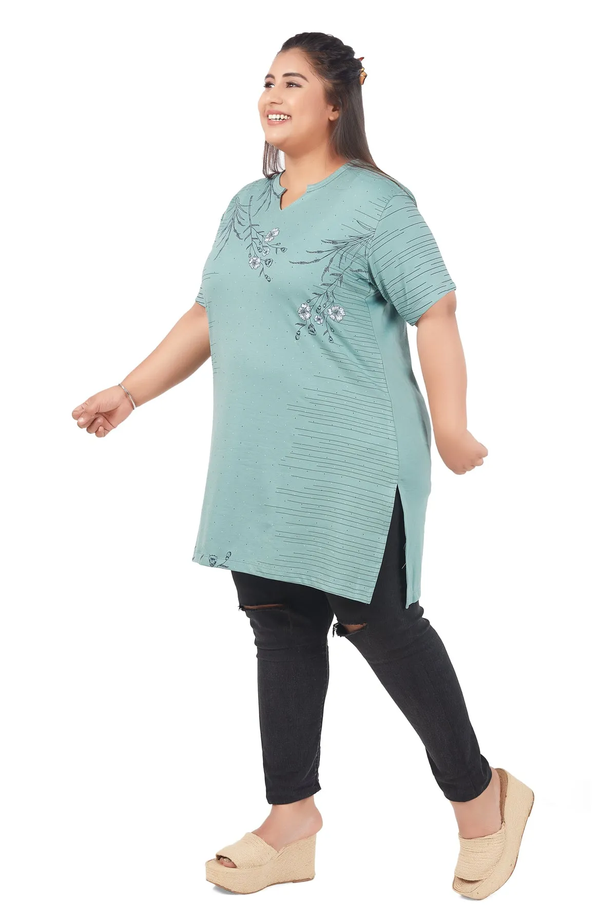 Plus Size Printed Long Tops For Women Half Sleeves - Pack of 2 (Black & Sage)