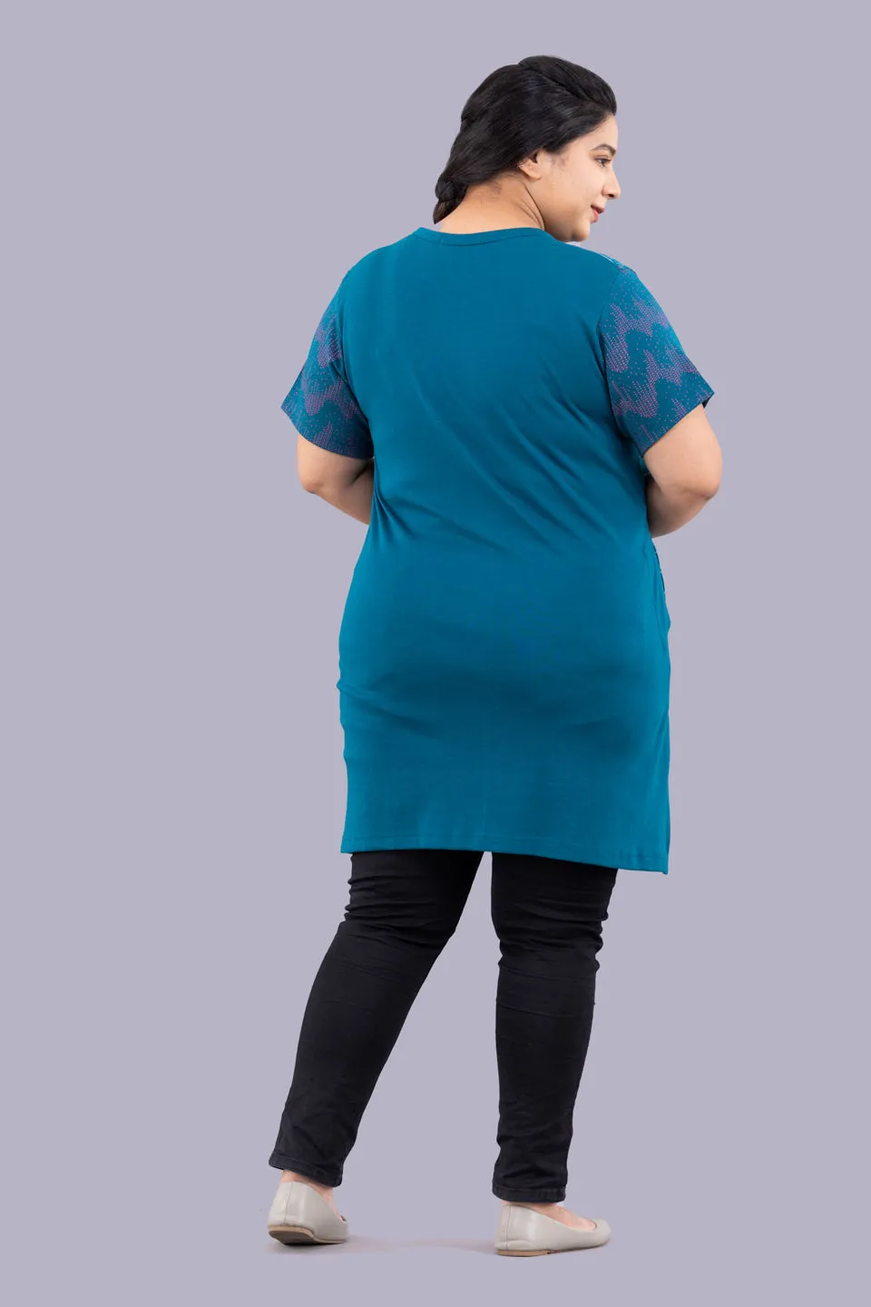 Plus Size Printed Long Tops For Women Half Sleeves - Teal Blue