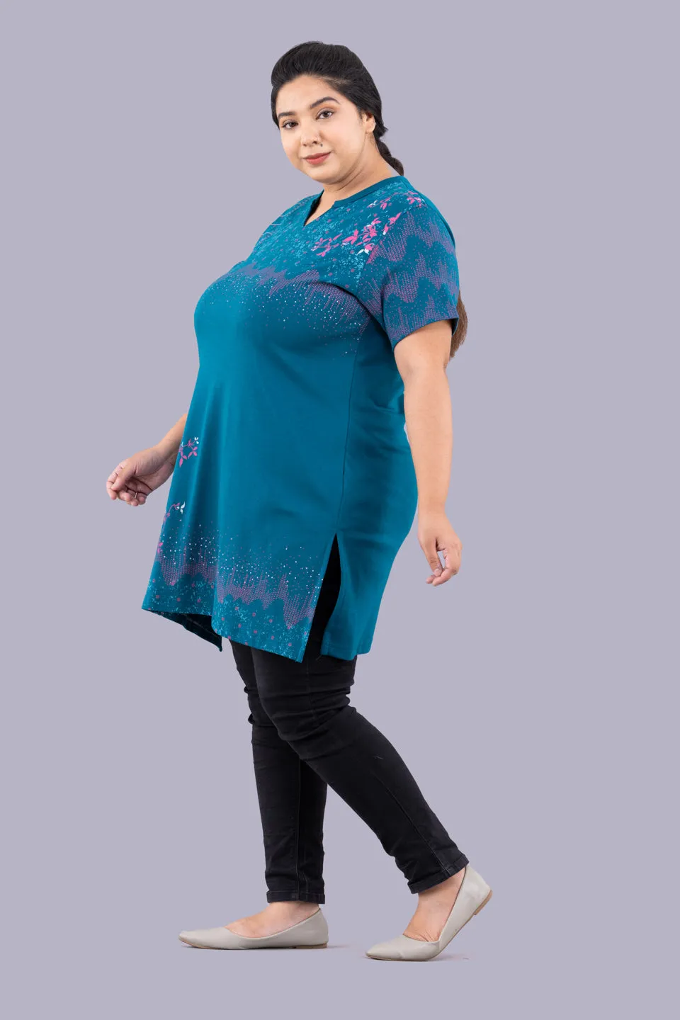 Plus Size Printed Long Tops For Women Half Sleeves - Teal Blue