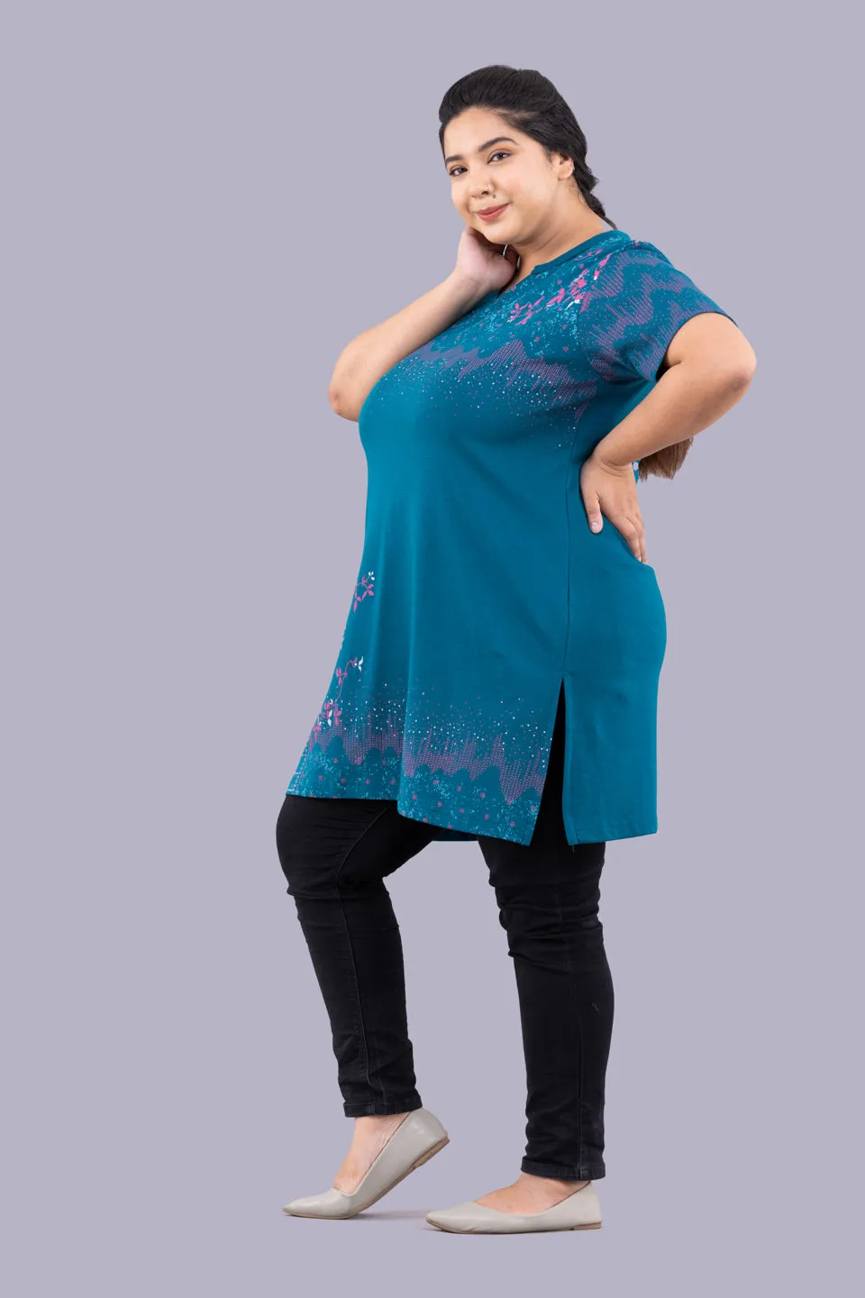 Plus Size Printed Long Tops For Women Half Sleeves - Teal Blue