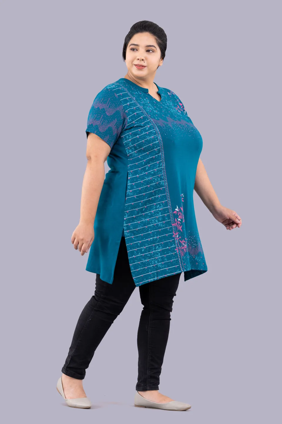 Plus Size Printed Long Tops For Women Half Sleeves - Teal Blue