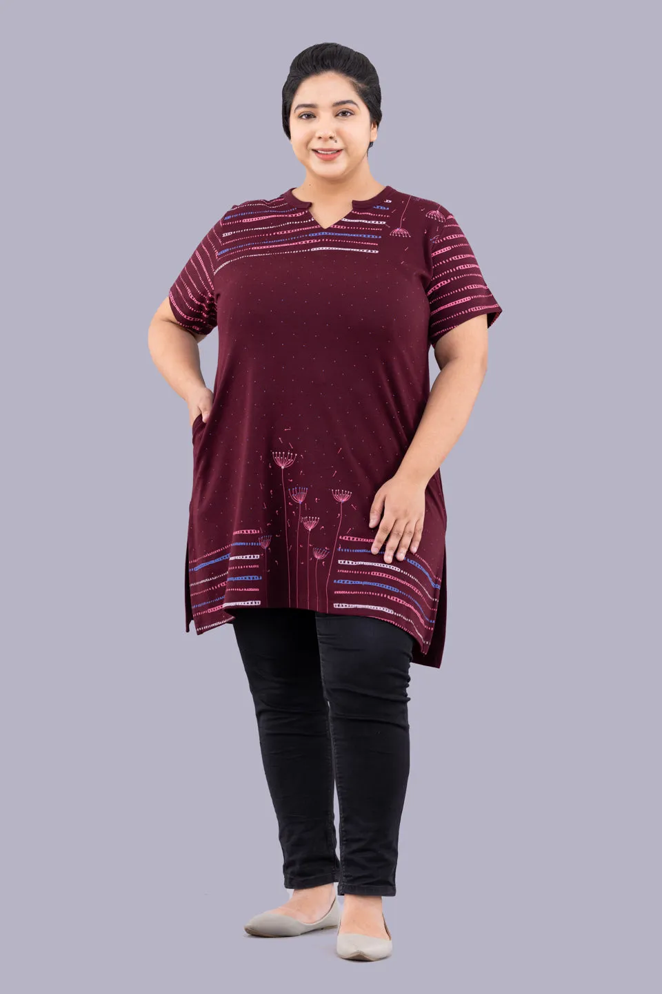 Plus Size Printed Long Tops For Women Half Sleeves - Wine