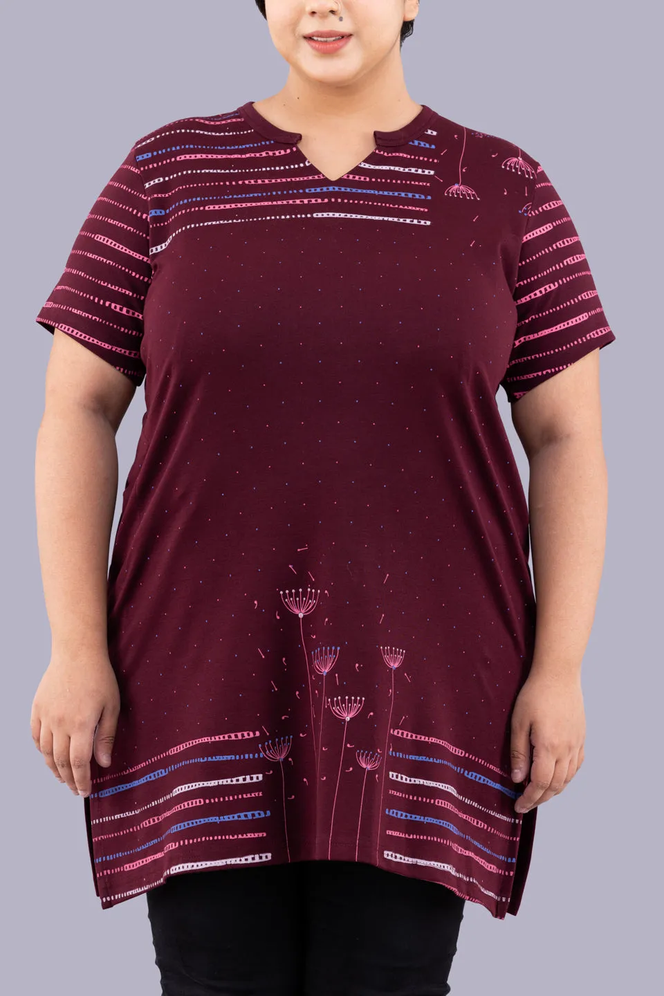 Plus Size Printed Long Tops For Women Half Sleeves - Wine