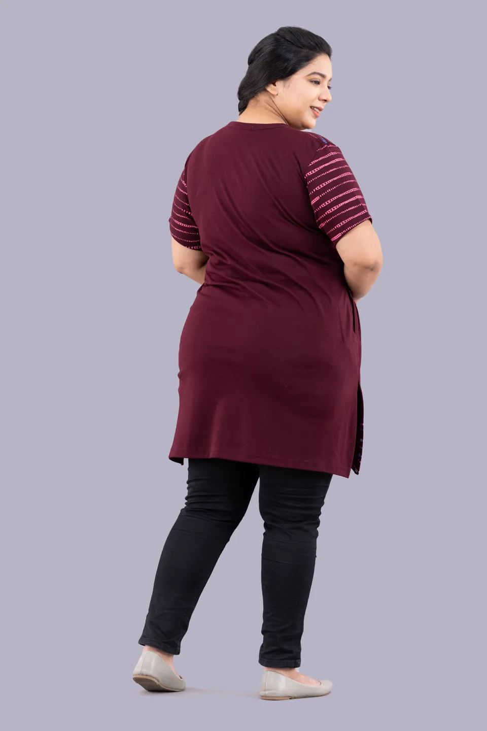 Plus Size Printed Long Tops For Women Half Sleeves - Wine