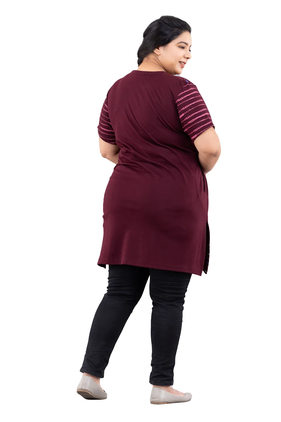 Plus Size Printed Long Tops For Women Half Sleeves - Wine