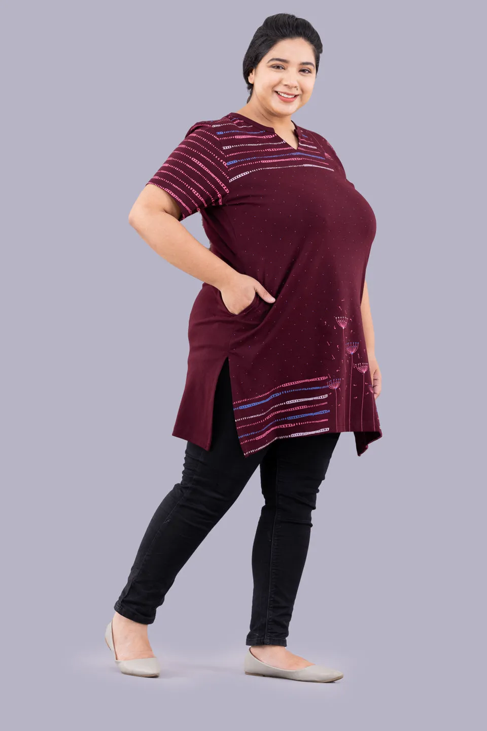 Plus Size Printed Long Tops For Women Half Sleeves - Wine