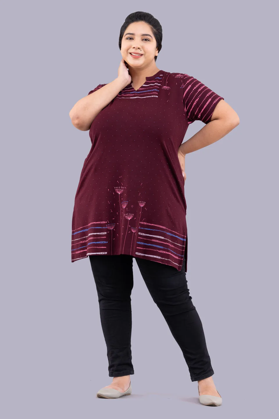 Plus Size Printed Long Tops For Women Half Sleeves - Wine