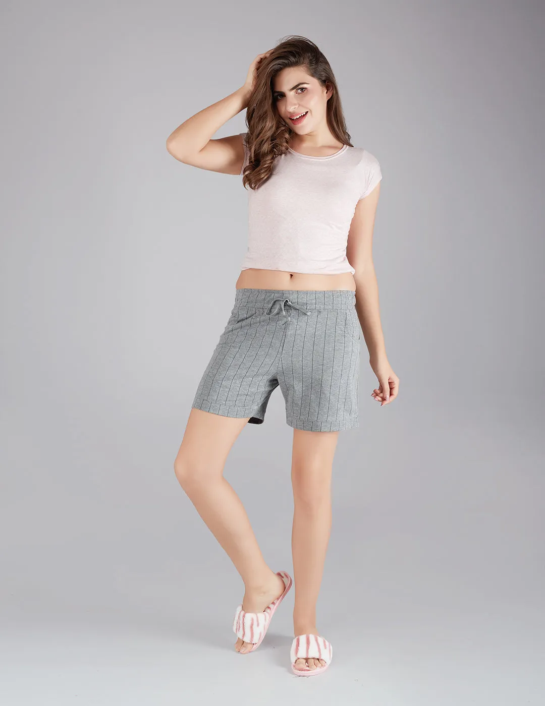 Printed Shorts For Women - Cotton Lounge Shorts - Grey