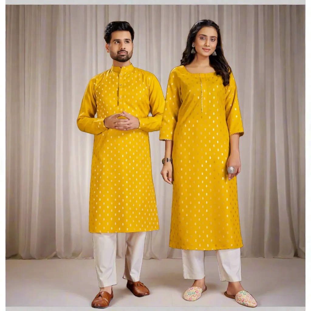 Pure Cotton Yellow Traditional Same Matching Color Couple Wear Outfits