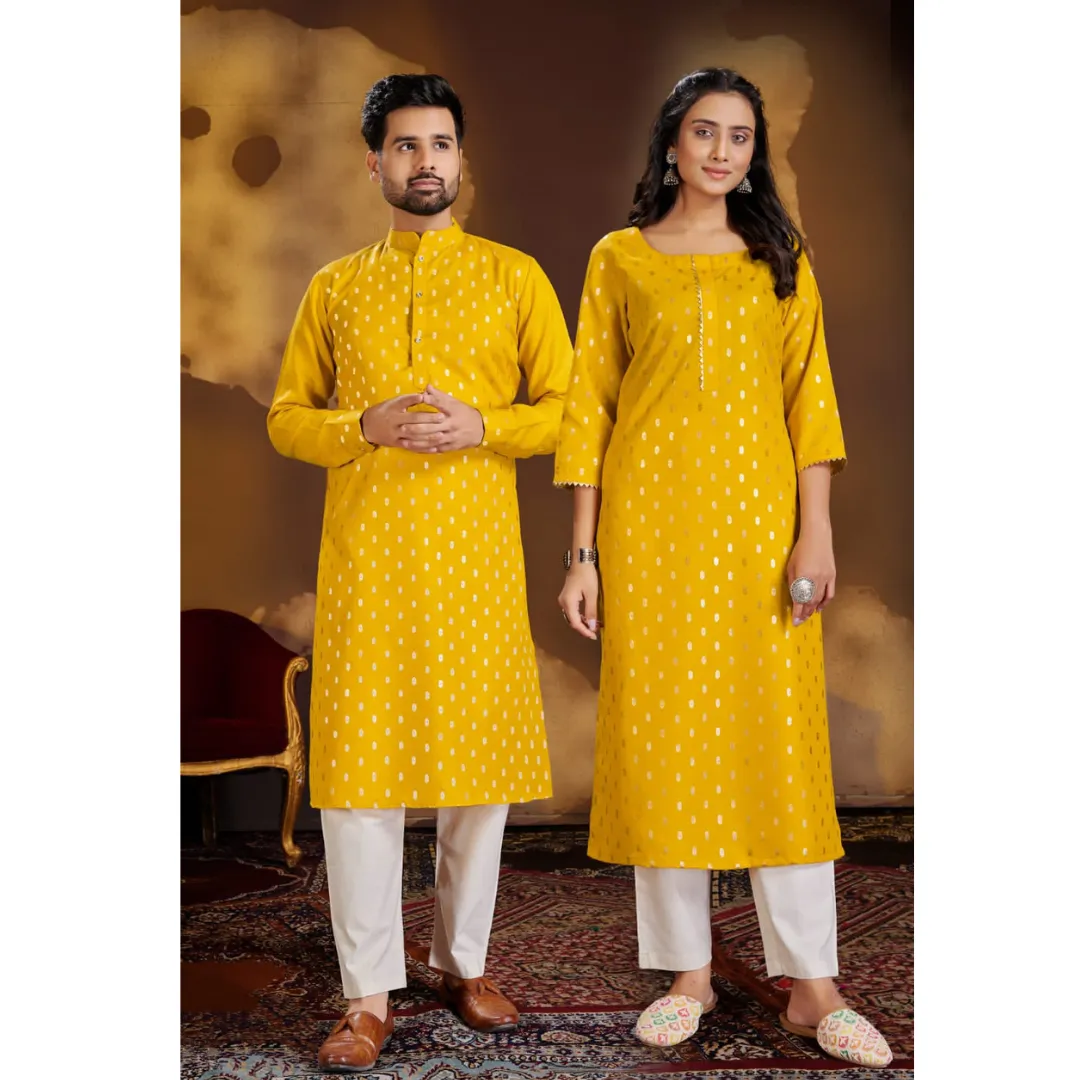 Pure Cotton Yellow Traditional Same Matching Color Couple Wear Outfits