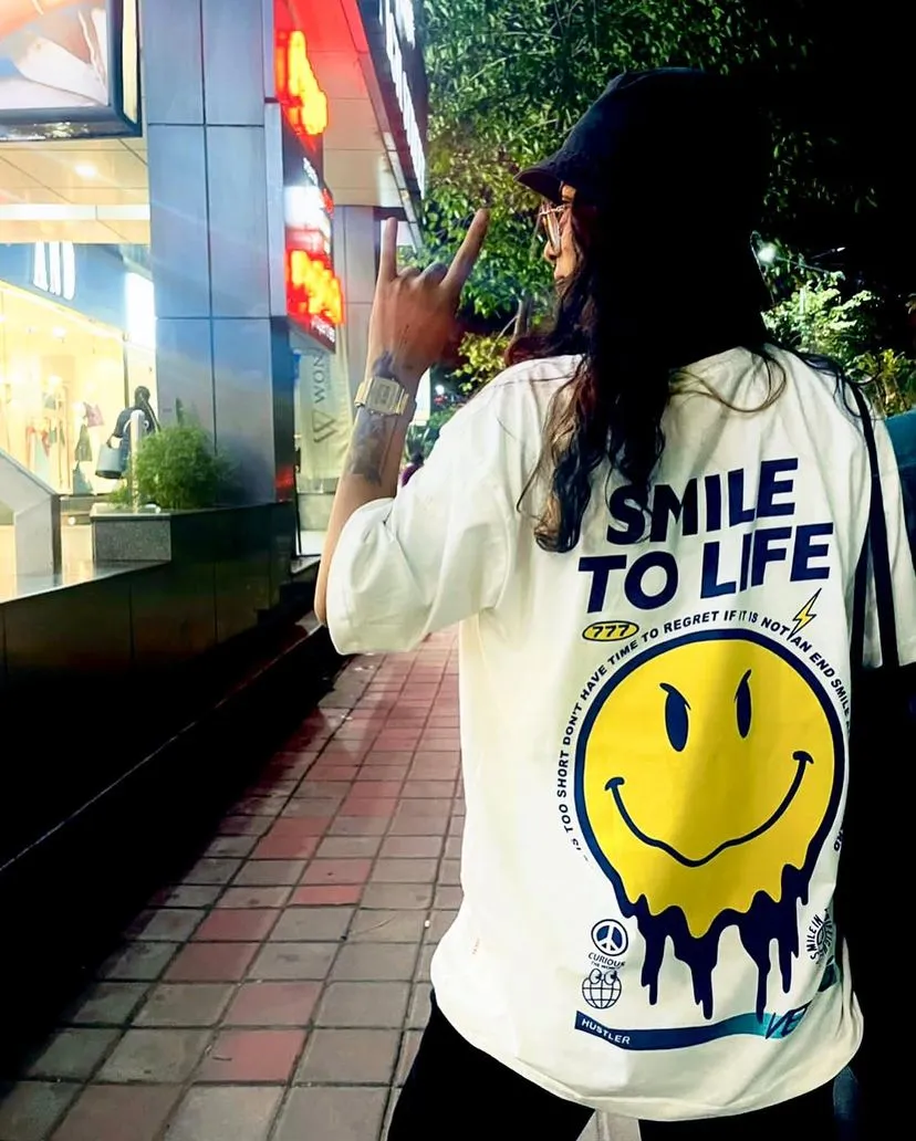 Smile to Life Oversized Royal Blue Printed T-Shirt